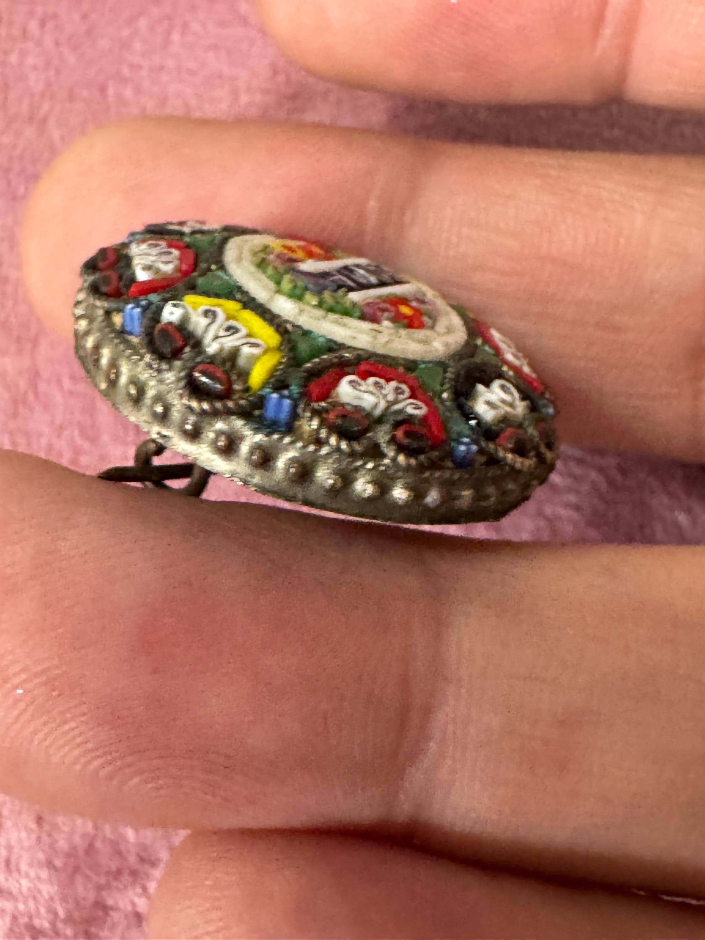 Antique early Italian ROMA Micro Mosaic Brooch Floral brooch with old c clasp