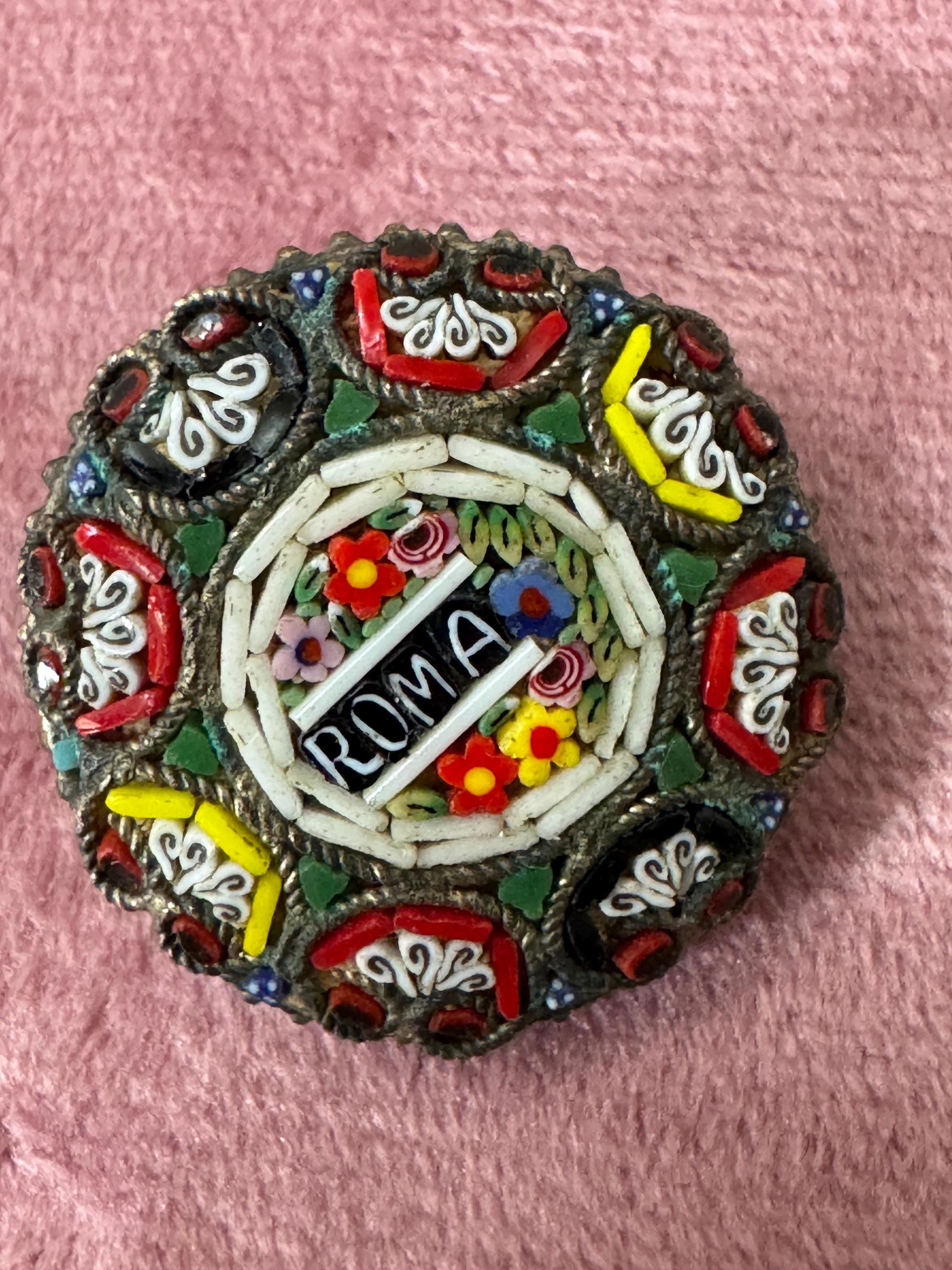 Antique early Italian ROMA Micro Mosaic Brooch Floral brooch with old c clasp