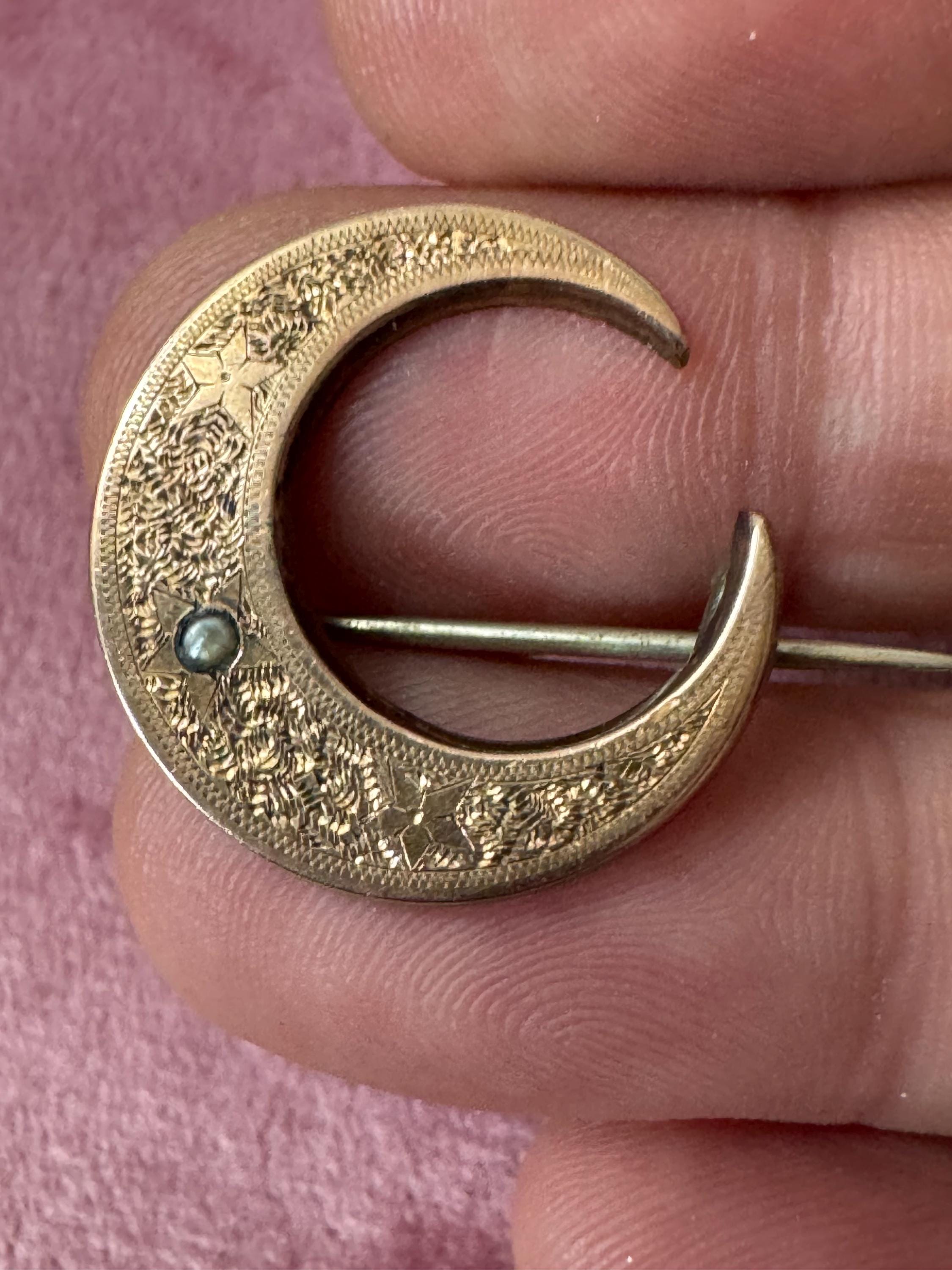 Antique Victorian celestial crescent moon brooch edwardian 1900s 1920s untested rolled gold front Pinchbeck