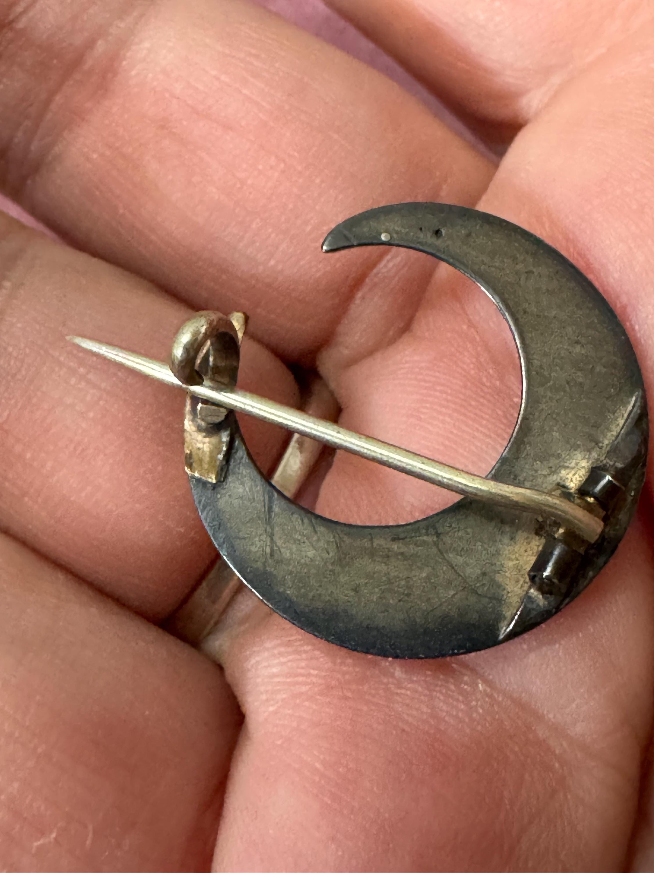 Antique Victorian celestial crescent moon brooch edwardian 1900s 1920s untested rolled gold front Pinchbeck
