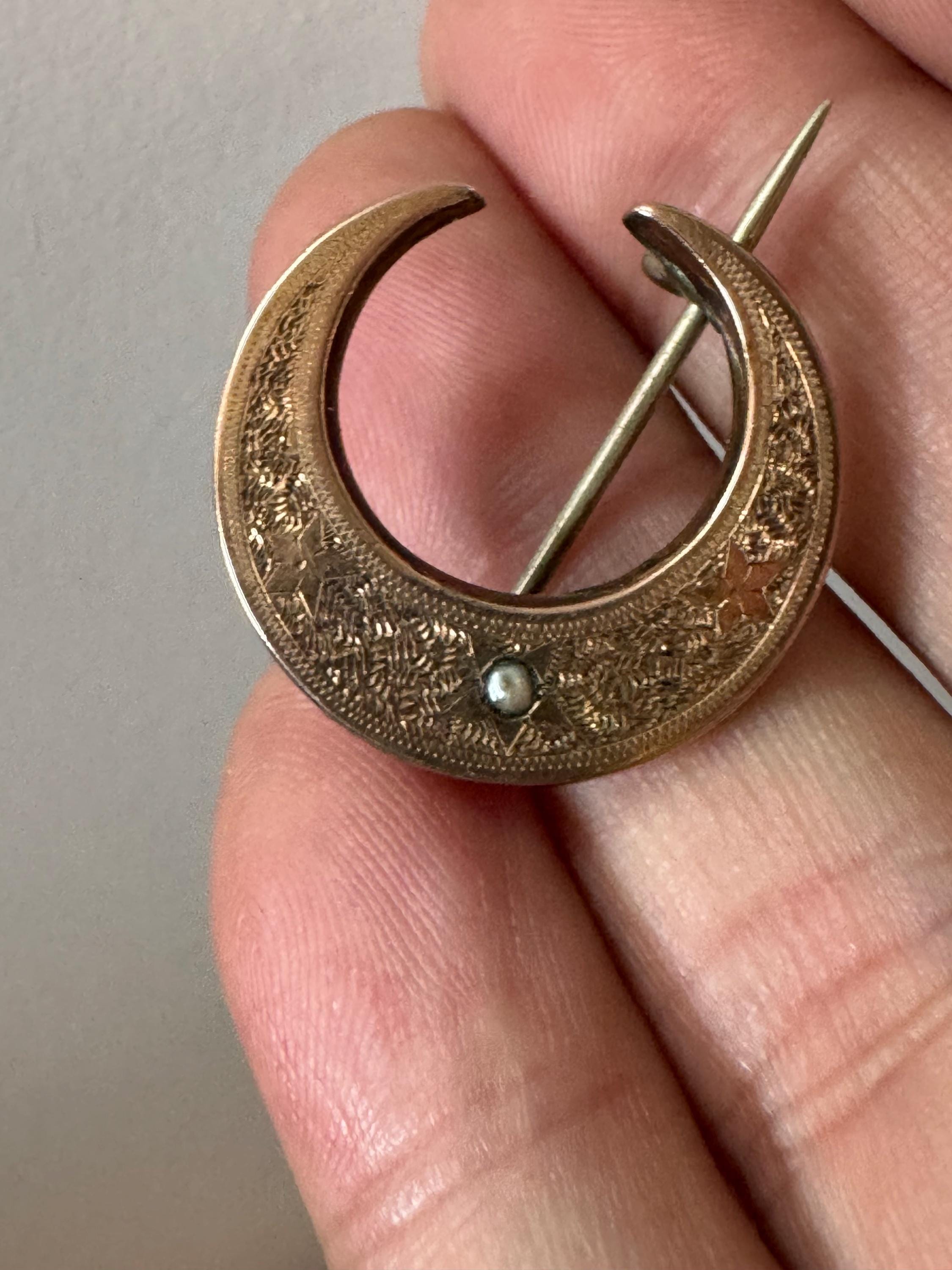 Antique Victorian celestial crescent moon brooch edwardian 1900s 1920s untested rolled gold front Pinchbeck