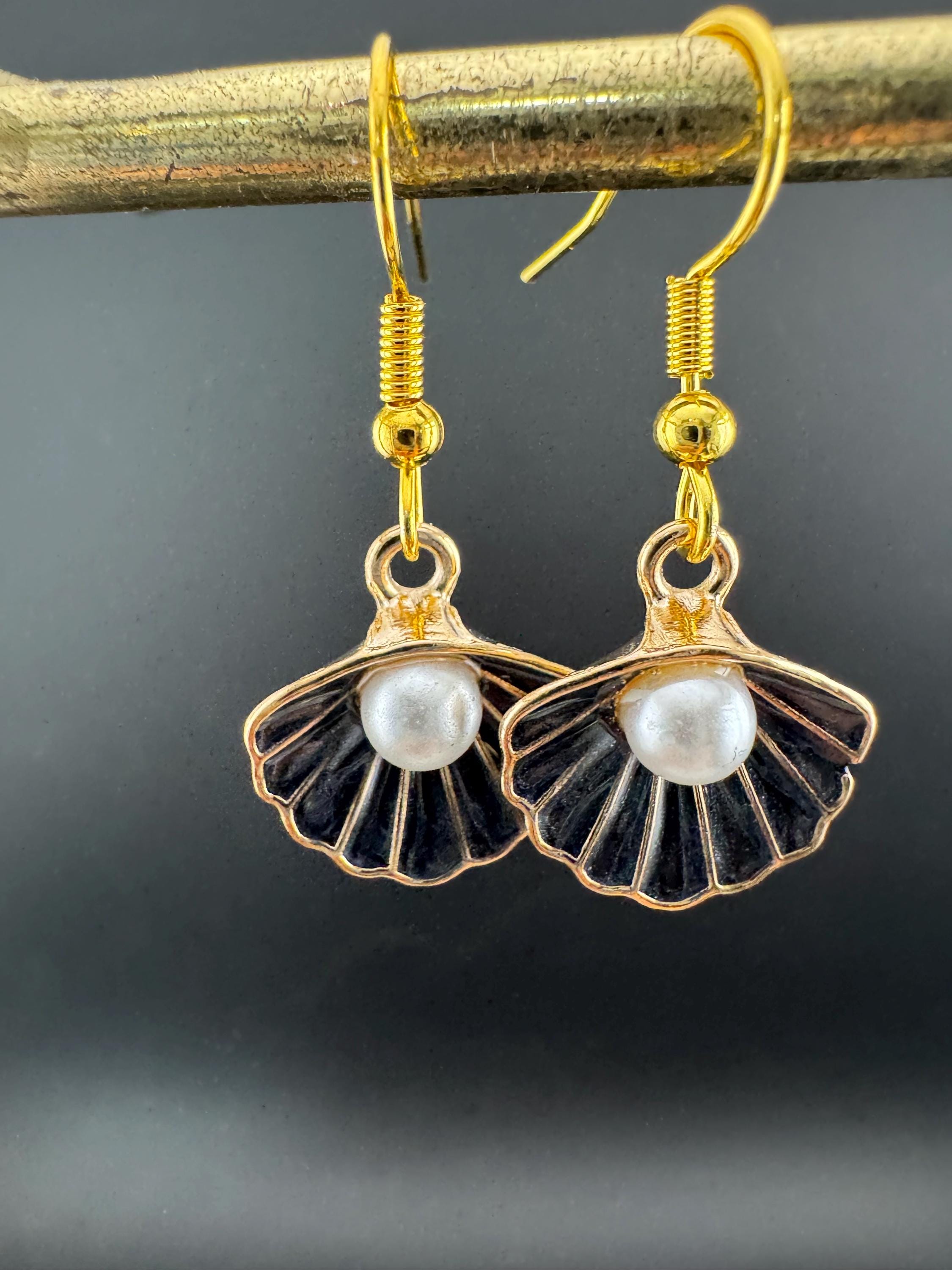Black enamel oyster shell pearl gold tone small drop earrings