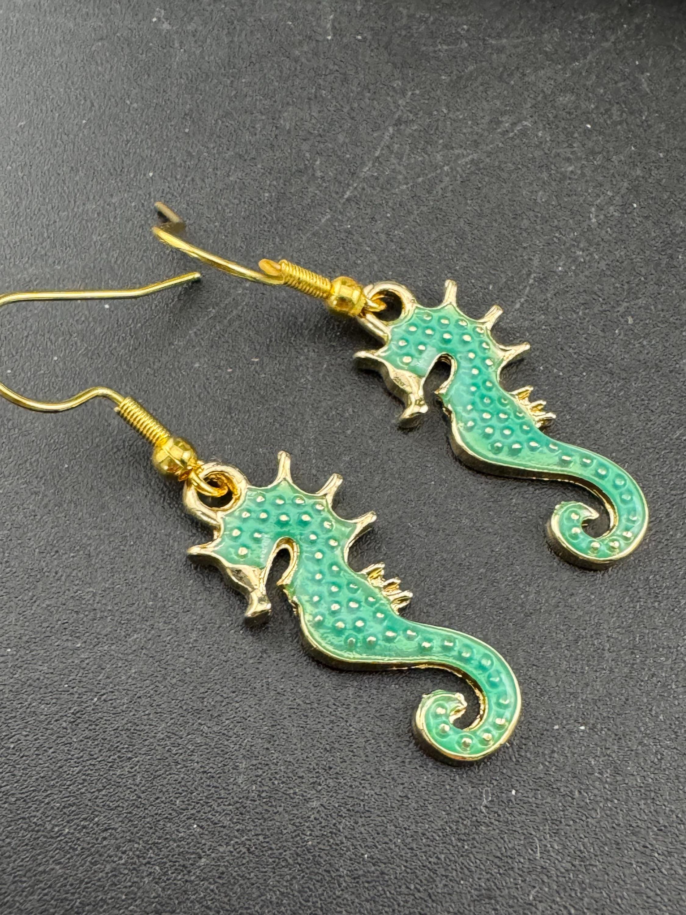 Turquoise Blue enamel nautical seahorse earrings for pierced ears,  Gold tone marine life
