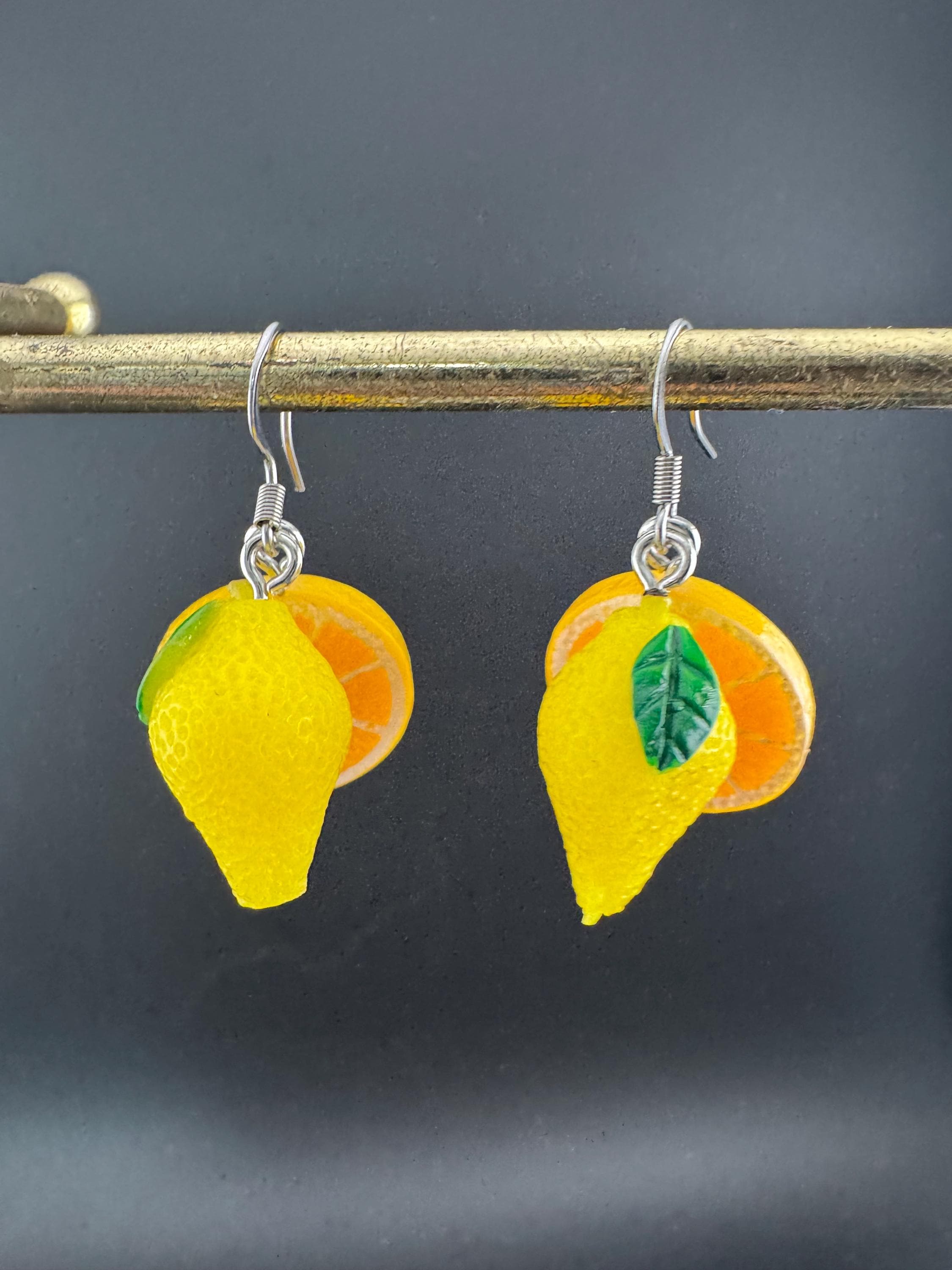pair of novelty oranges and lemons fruit earrings, silver stainless steel earwires for pierced ears