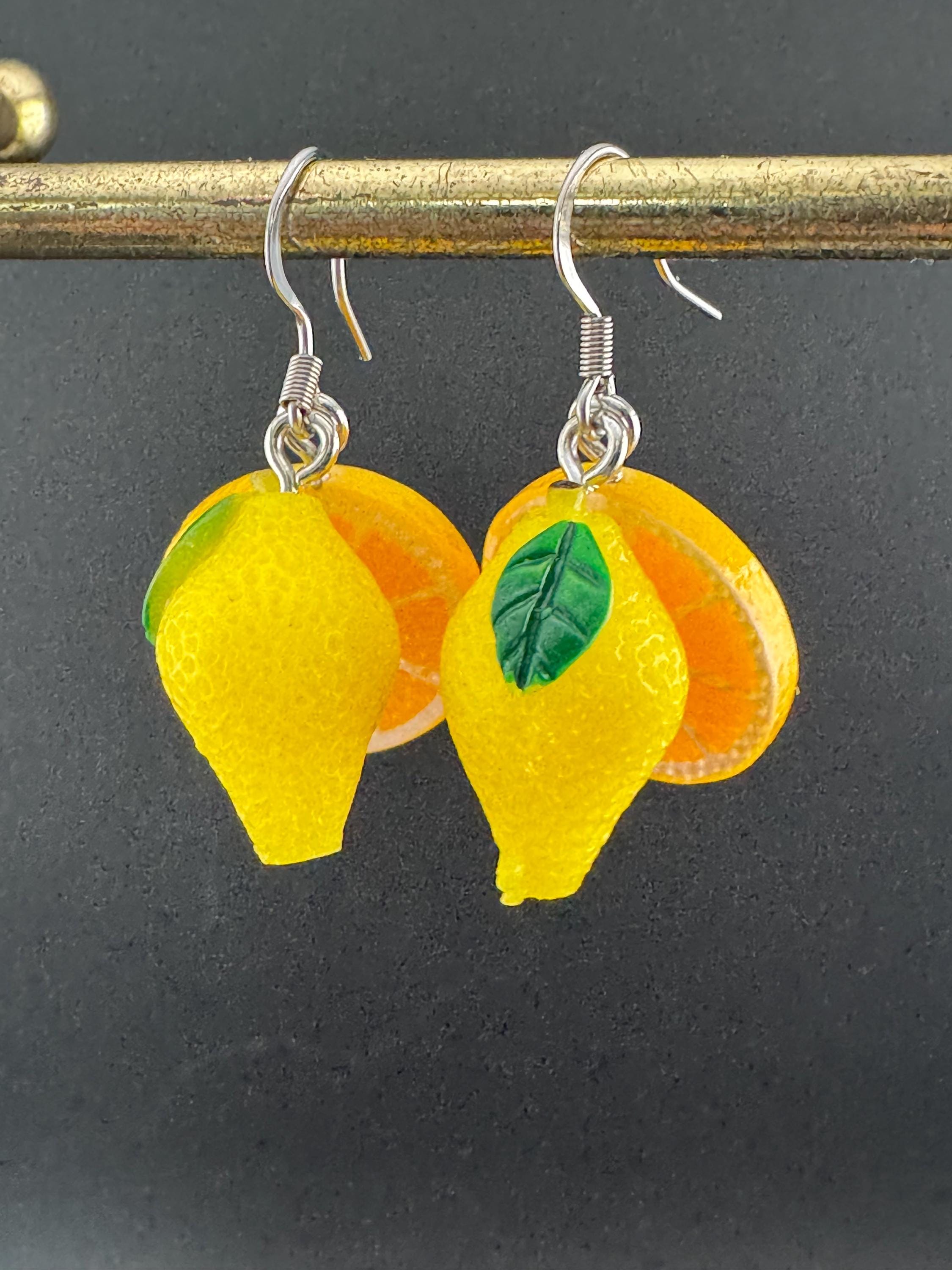 pair of novelty oranges and lemons fruit earrings, silver stainless steel earwires for pierced ears