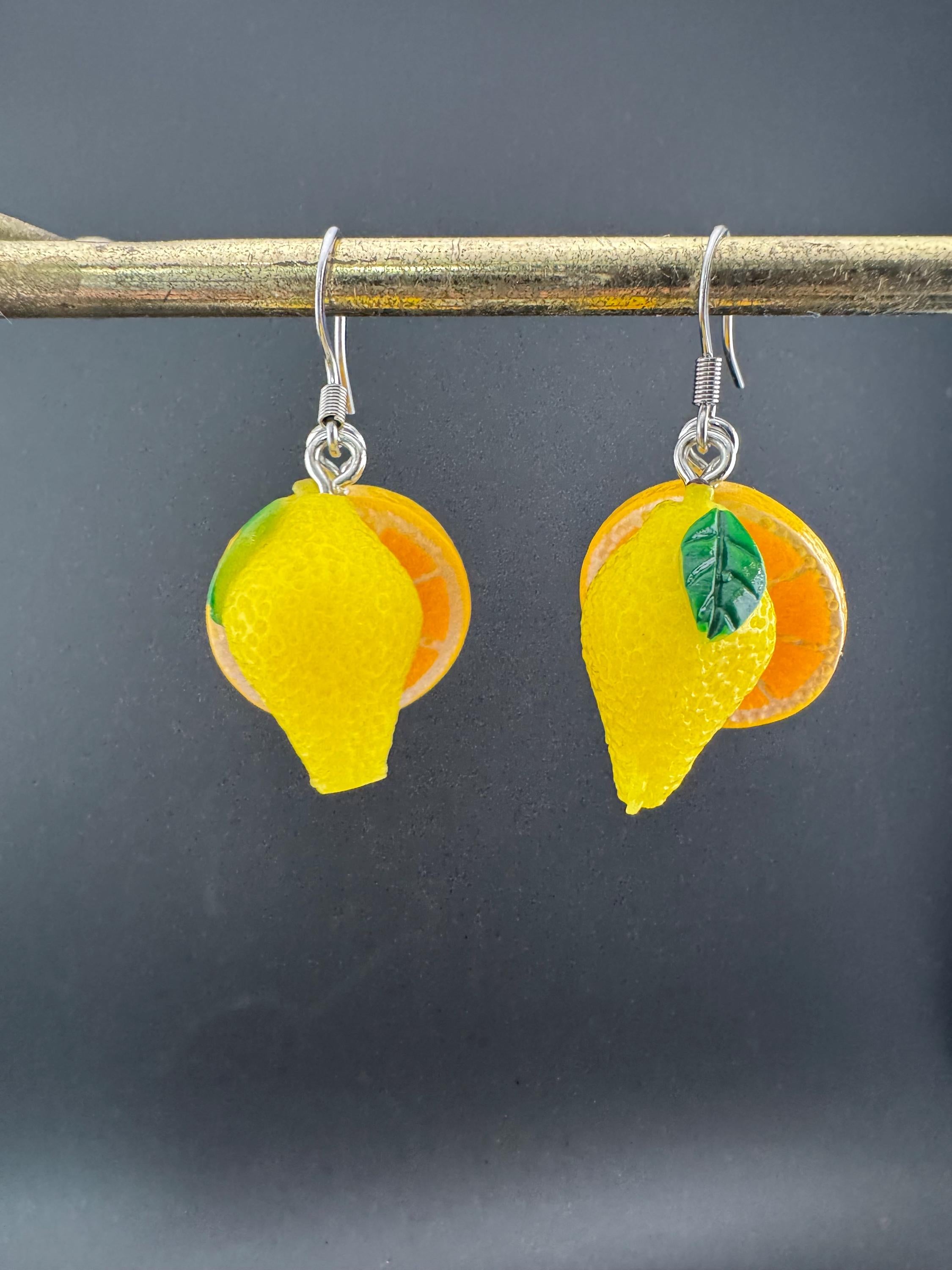 pair of novelty oranges and lemons fruit earrings, silver stainless steel earwires for pierced ears