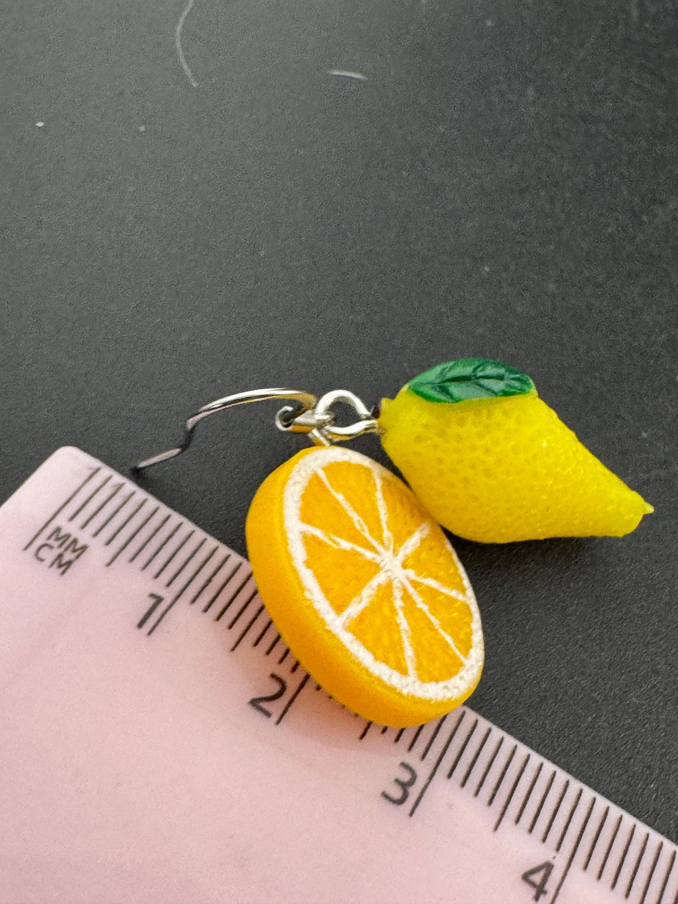 pair of novelty oranges and lemons fruit earrings, silver stainless steel earwires for pierced ears