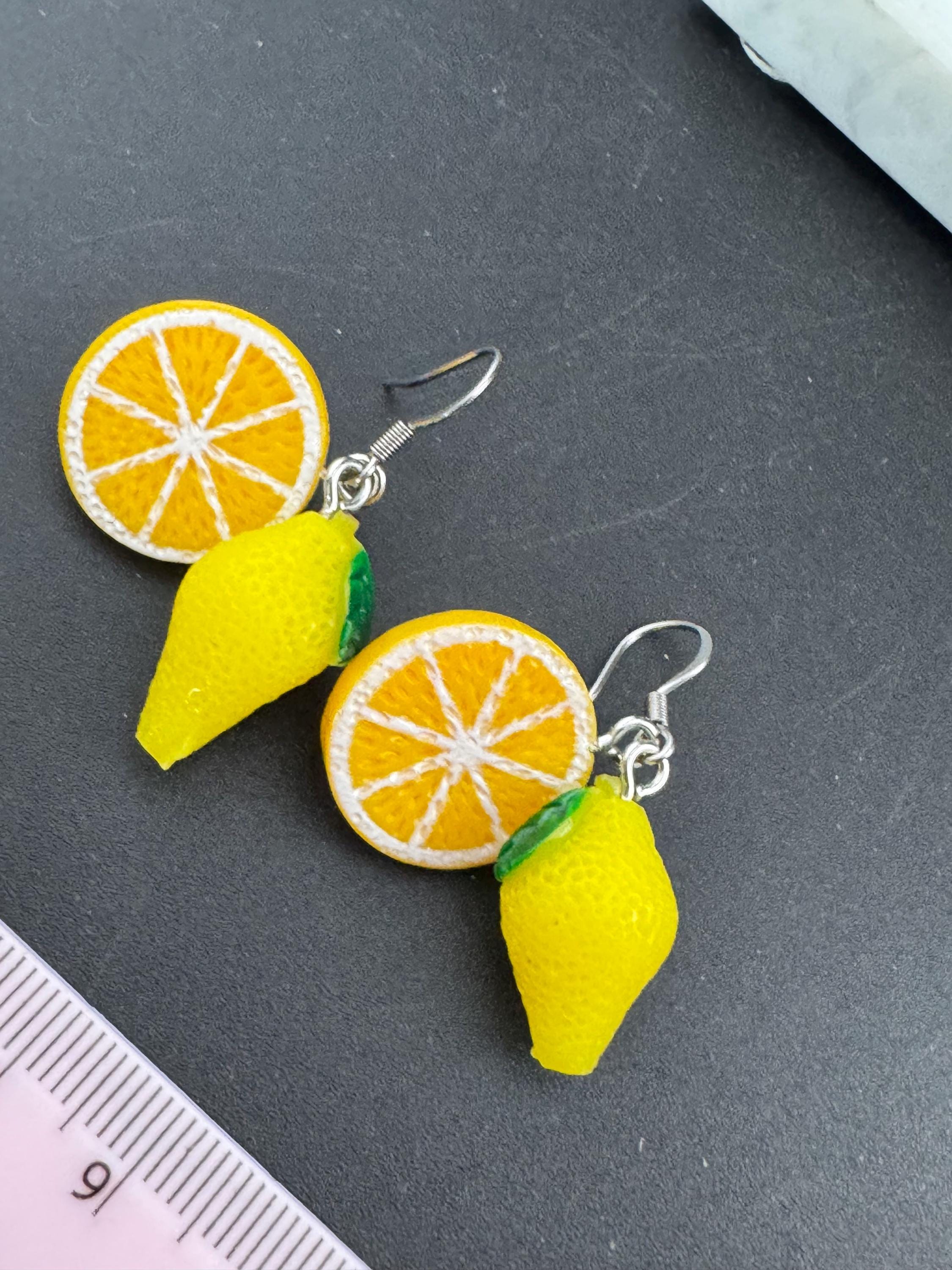 pair of novelty oranges and lemons fruit earrings, silver stainless steel earwires for pierced ears