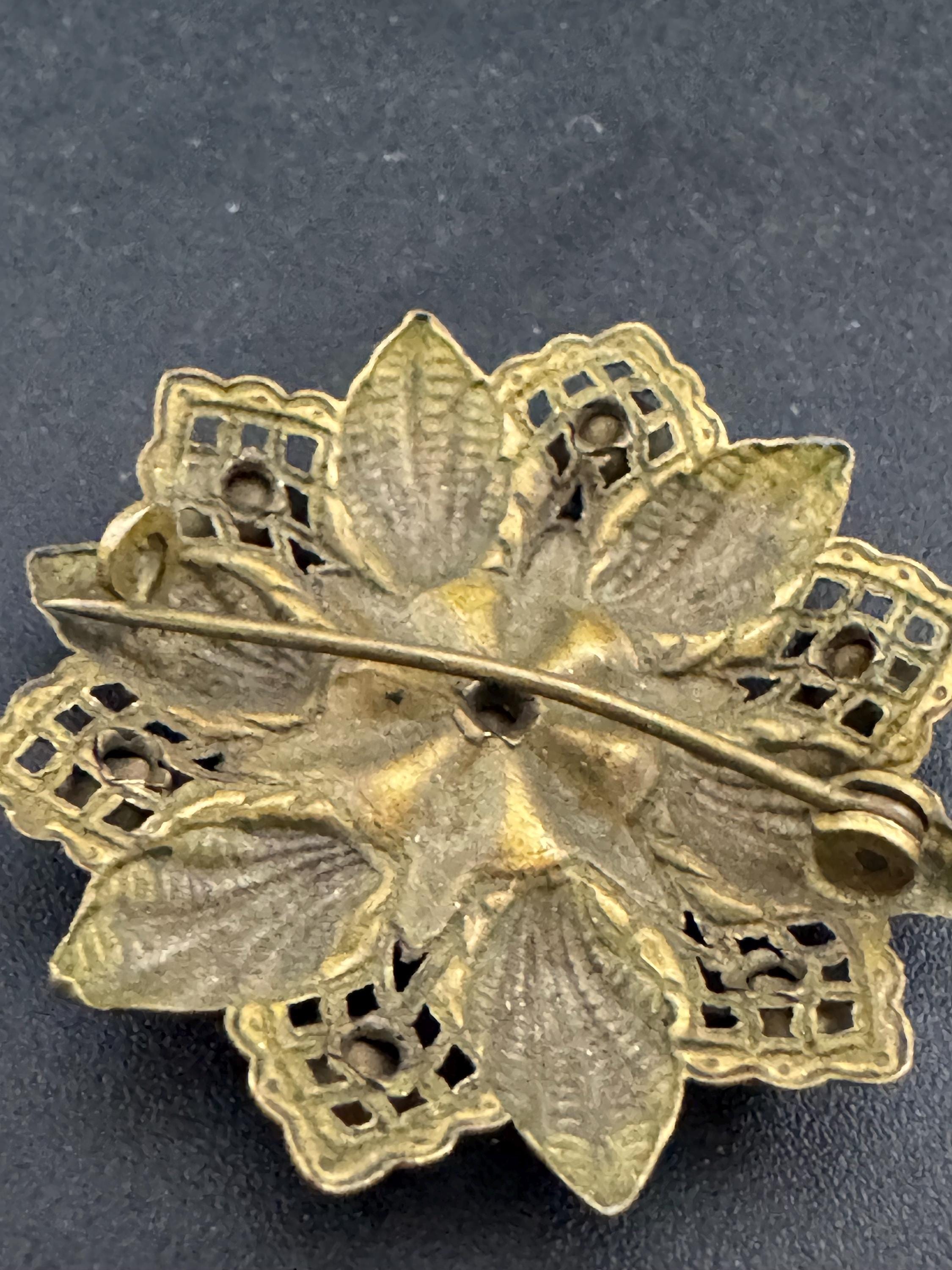 Art Deco Czech Brass Brooch: Enamel Leaf, Faux Amethyst Rhinestones