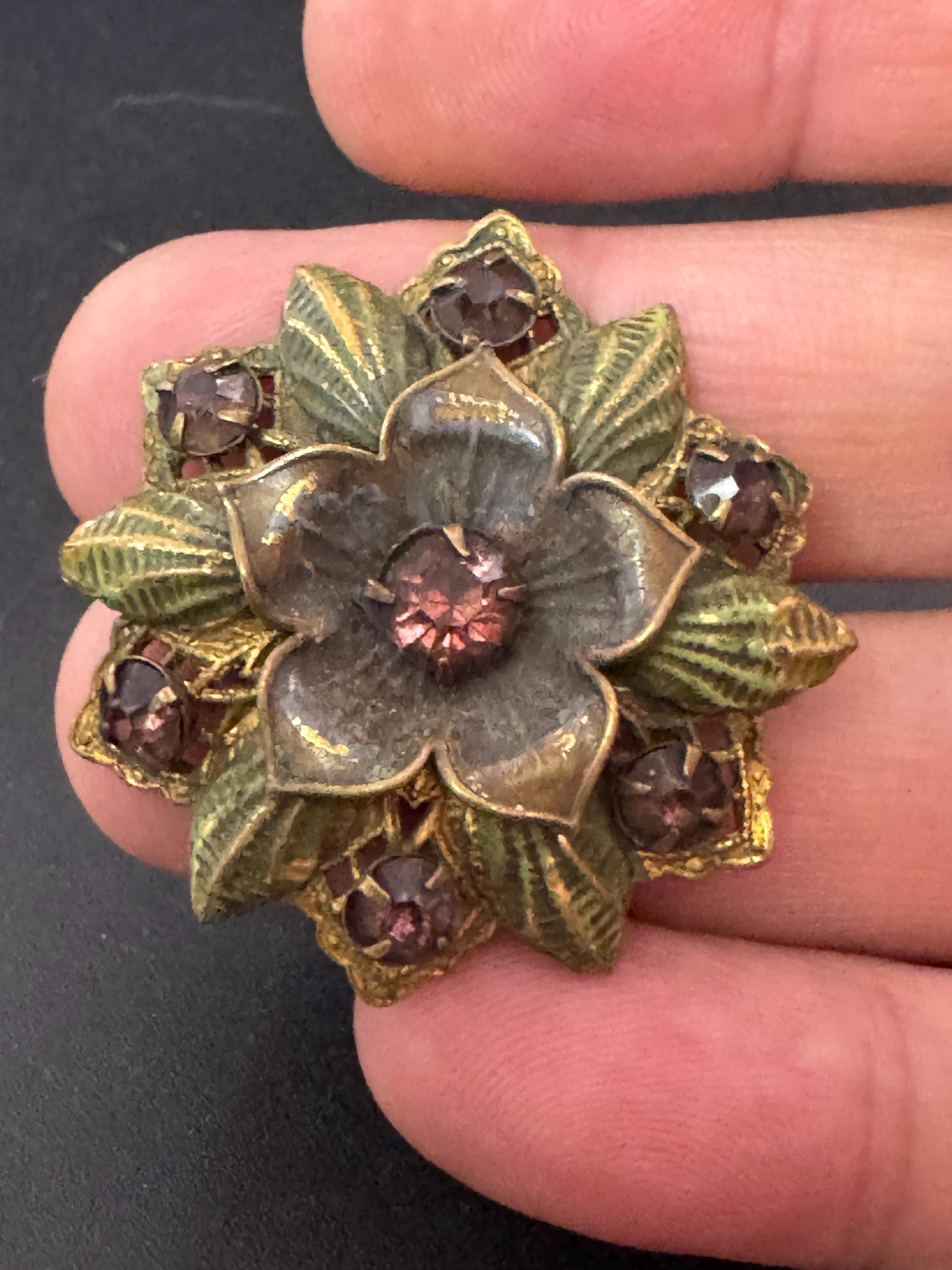 Art Deco Czech Brass Brooch: Enamel Leaf, Faux Amethyst Rhinestones