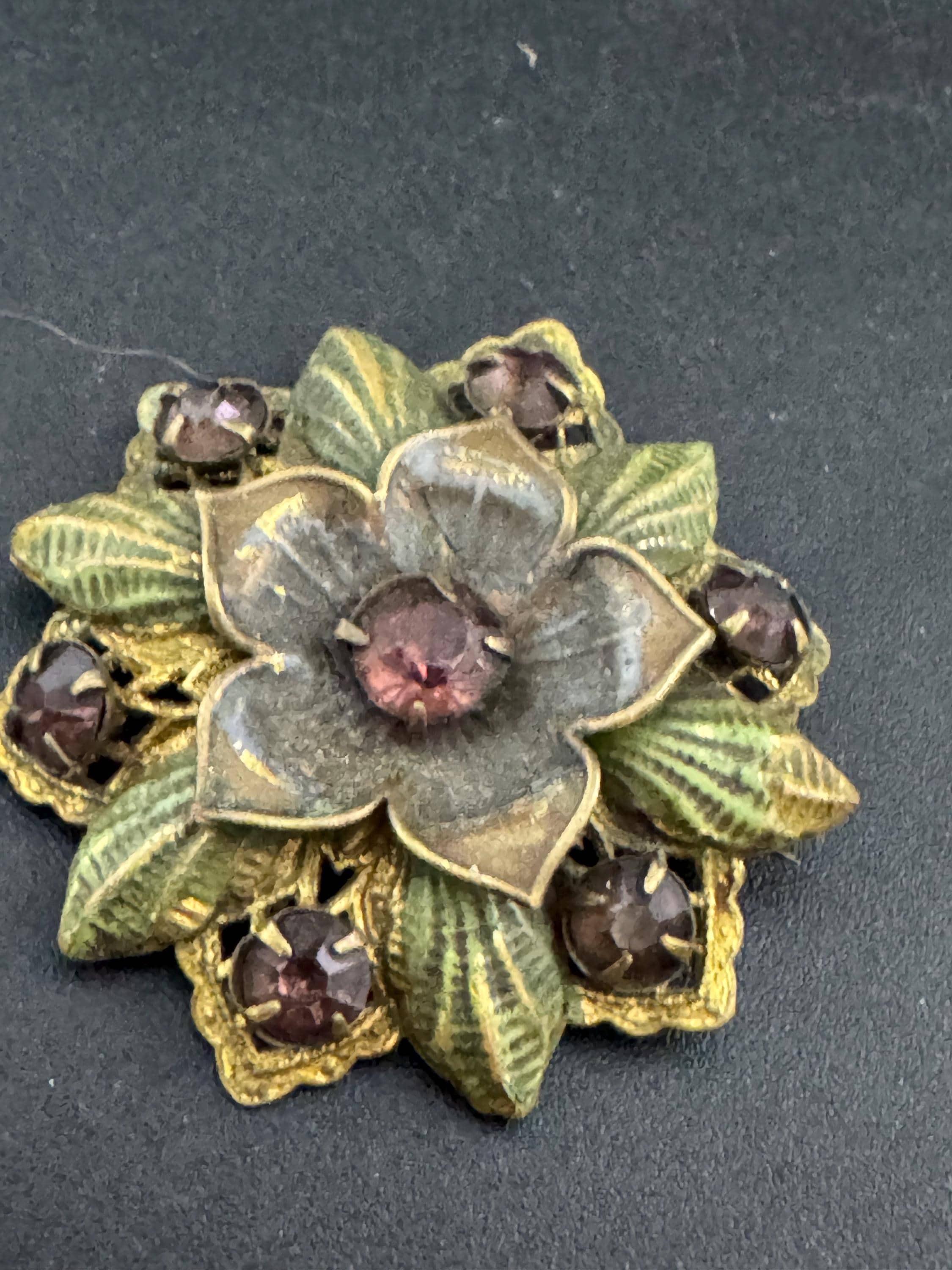 Art Deco Czech Brass Brooch: Enamel Leaf, Faux Amethyst Rhinestones