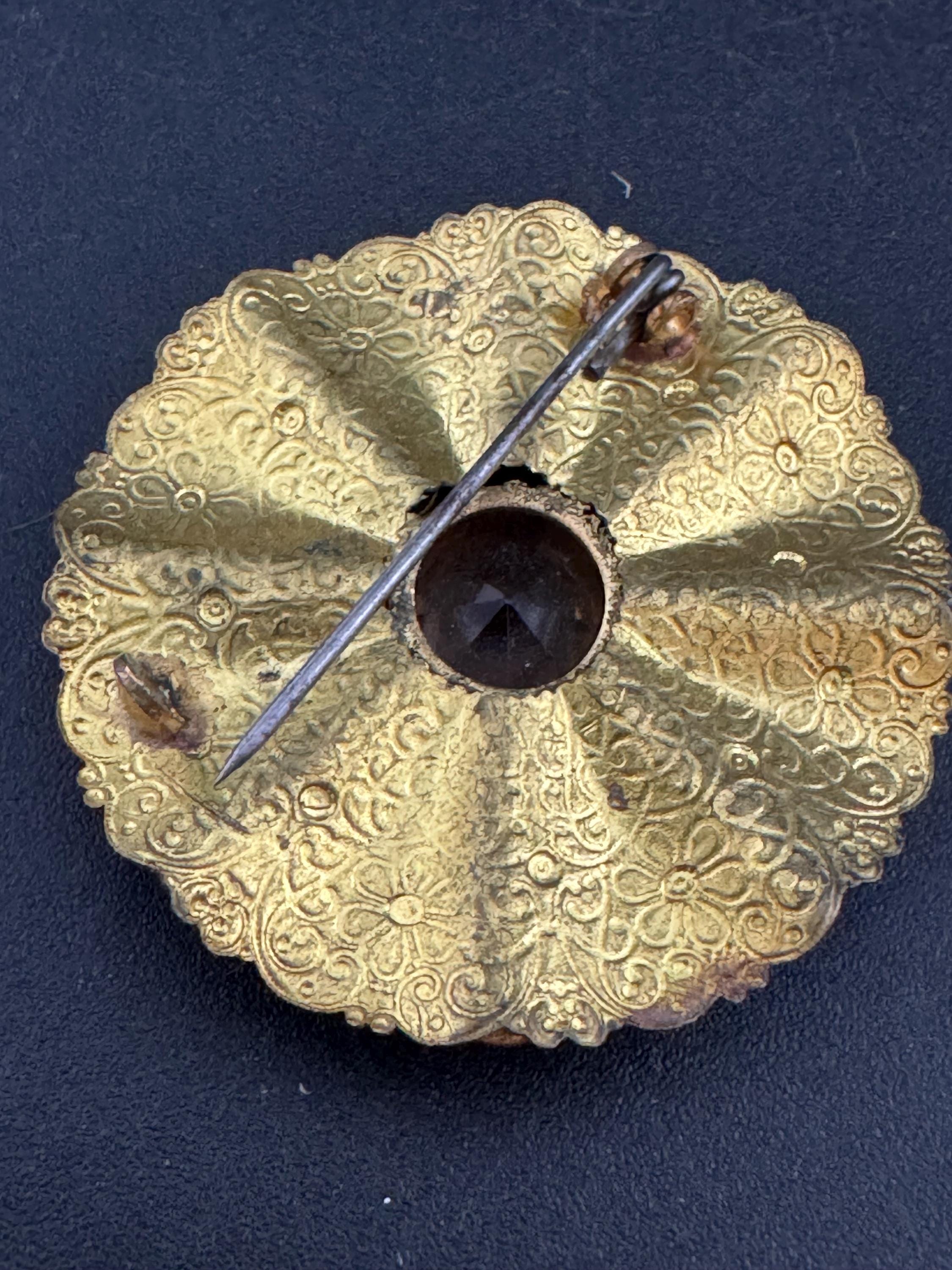 Art Deco Czech Brass Brooch: Enamel Leaf, Faux Brown Rhinestones