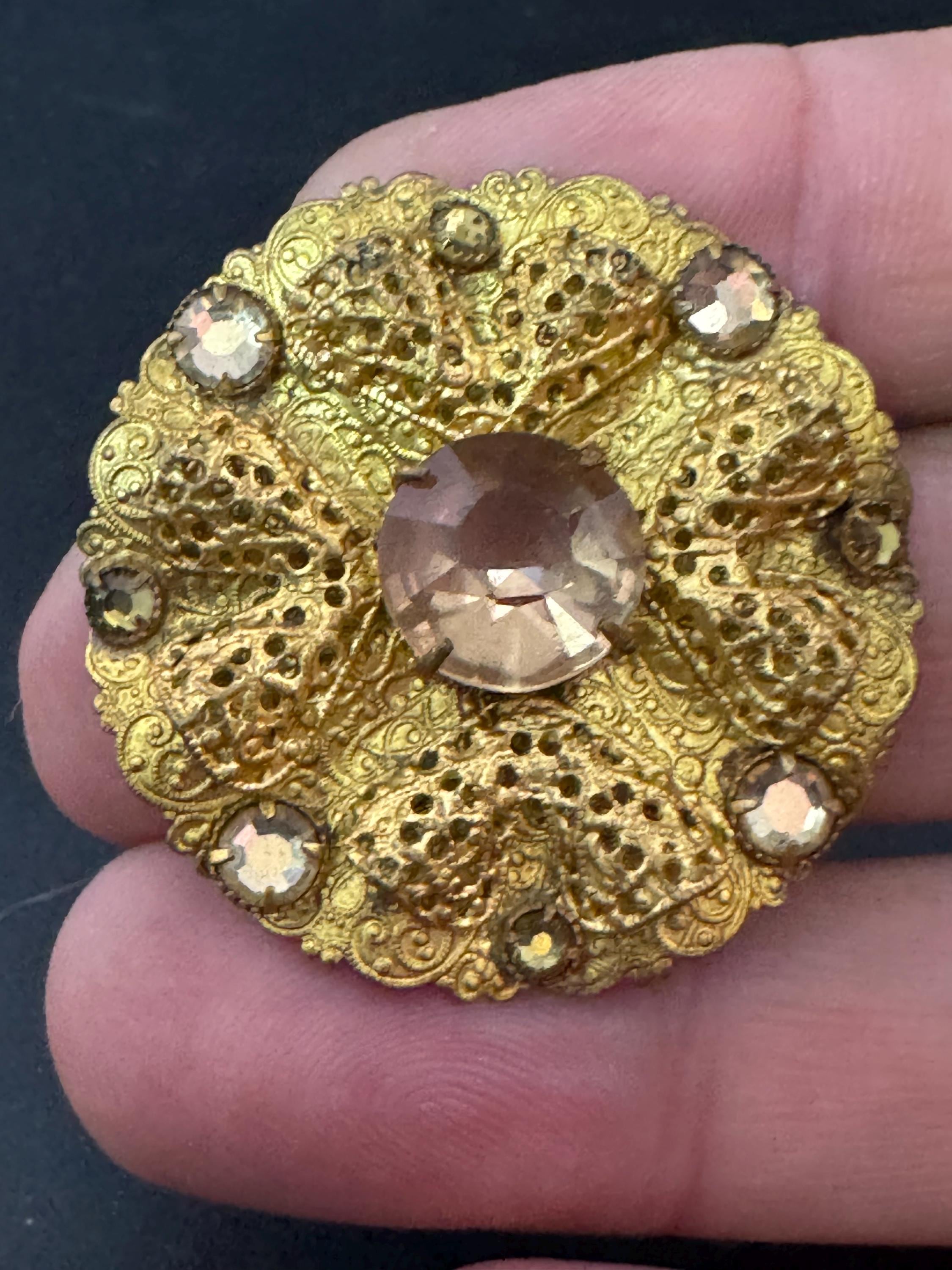 Art Deco Czech Brass Brooch: Enamel Leaf, Faux Brown Rhinestones