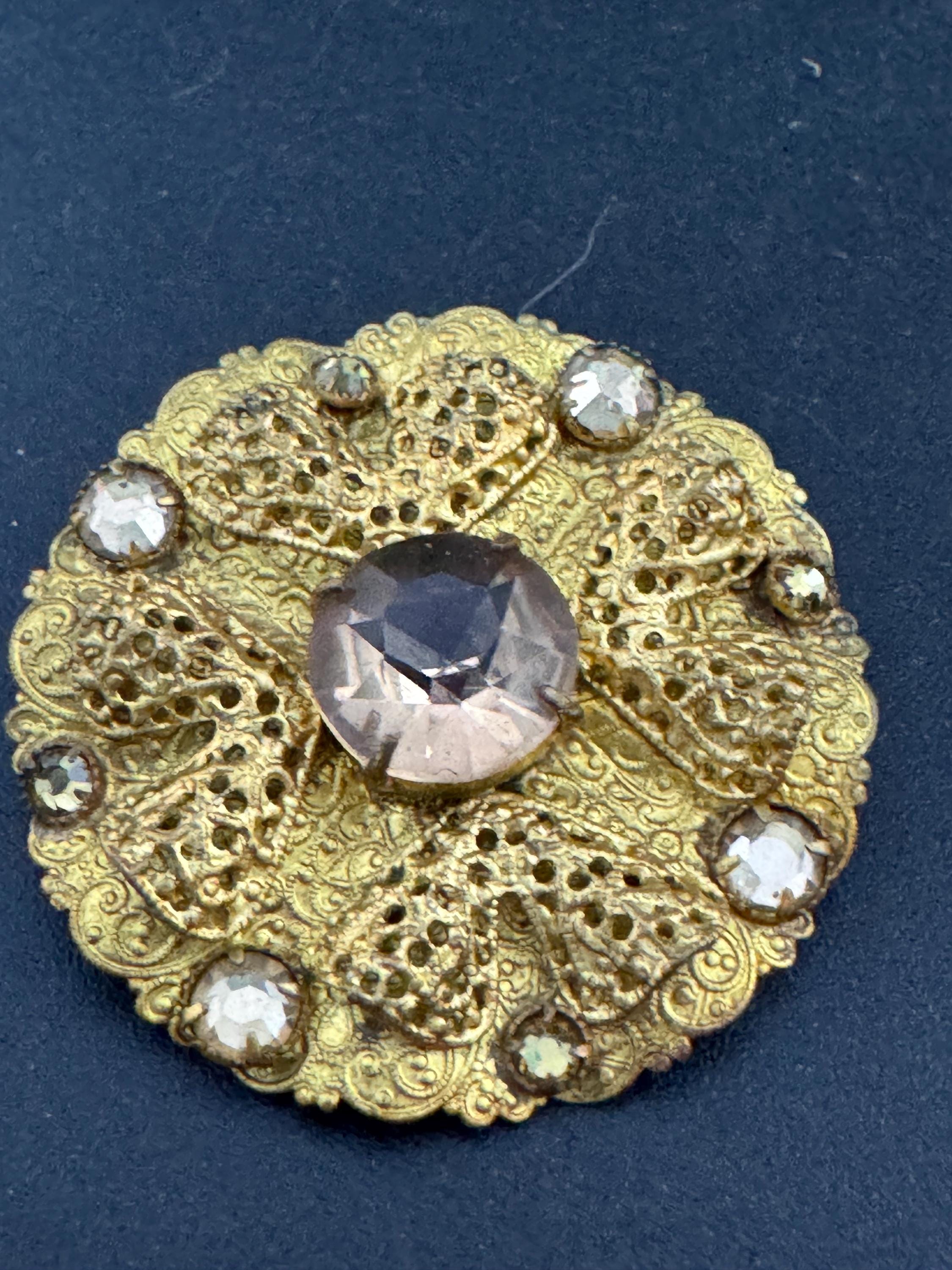 Art Deco Czech Brass Brooch: Enamel Leaf, Faux Brown Rhinestones