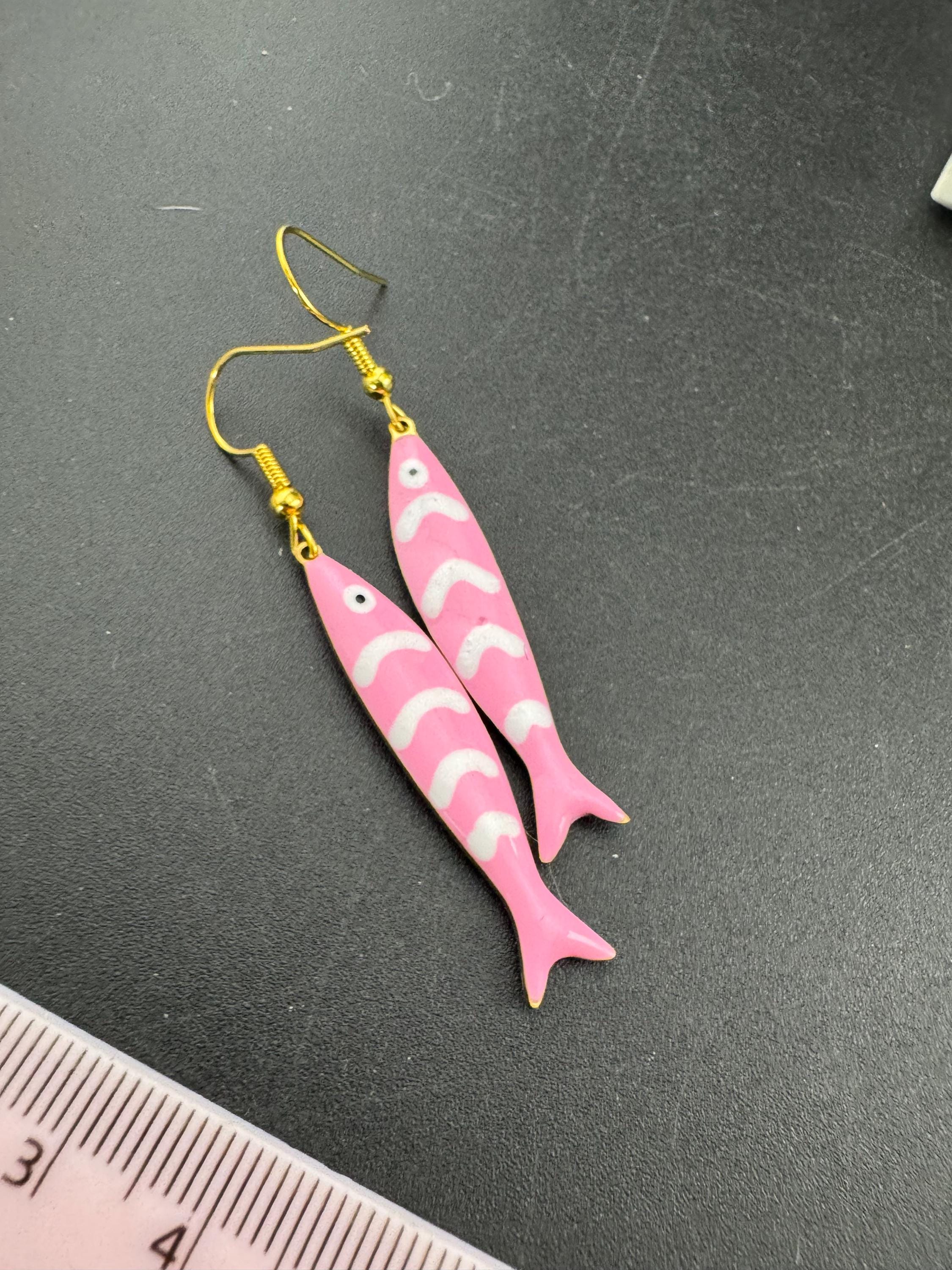 Nautical pink enamel gold tone sardine fish drop charm earrings for  pierced ears