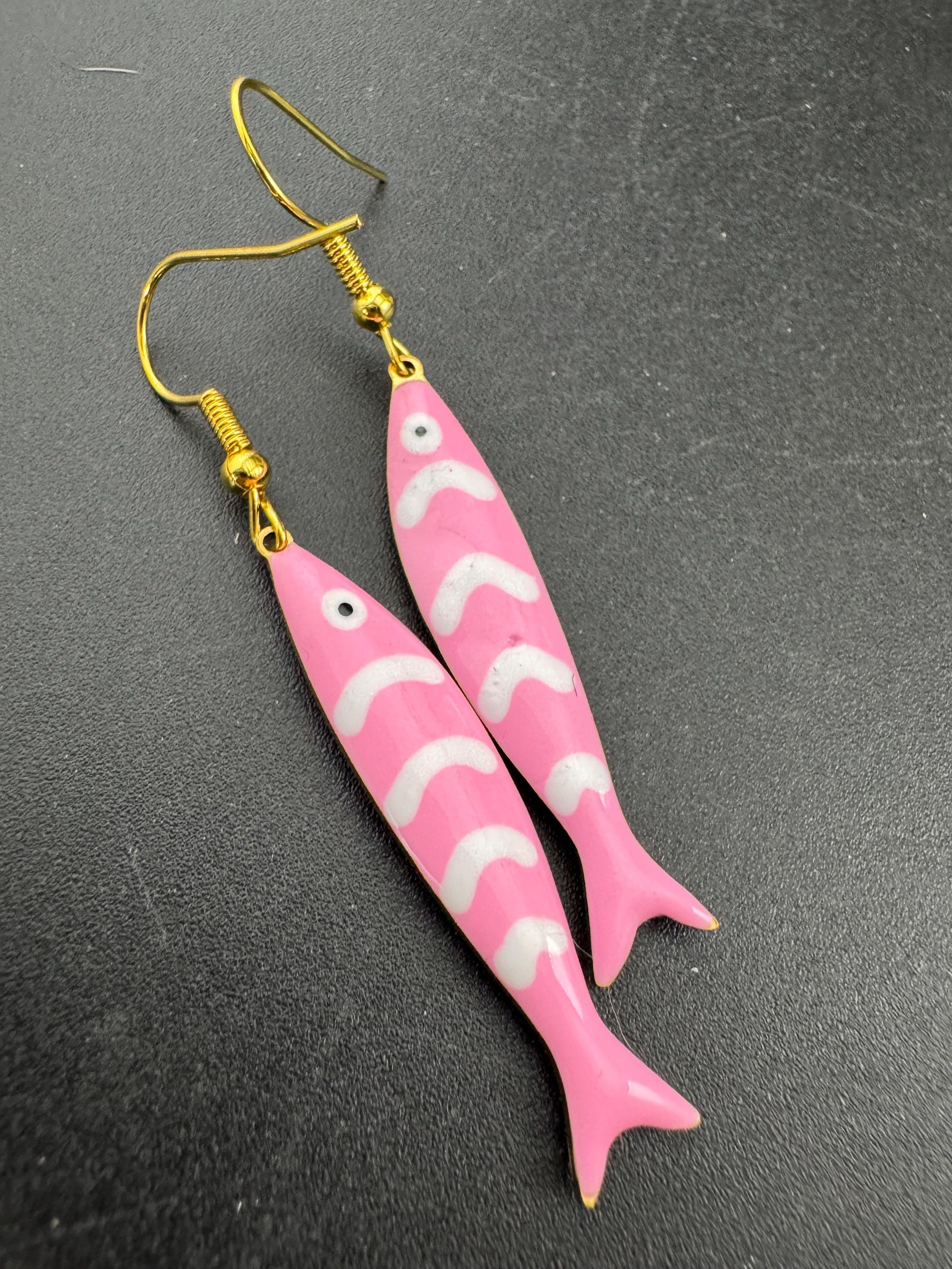 Nautical pink enamel gold tone sardine fish drop charm earrings for  pierced ears