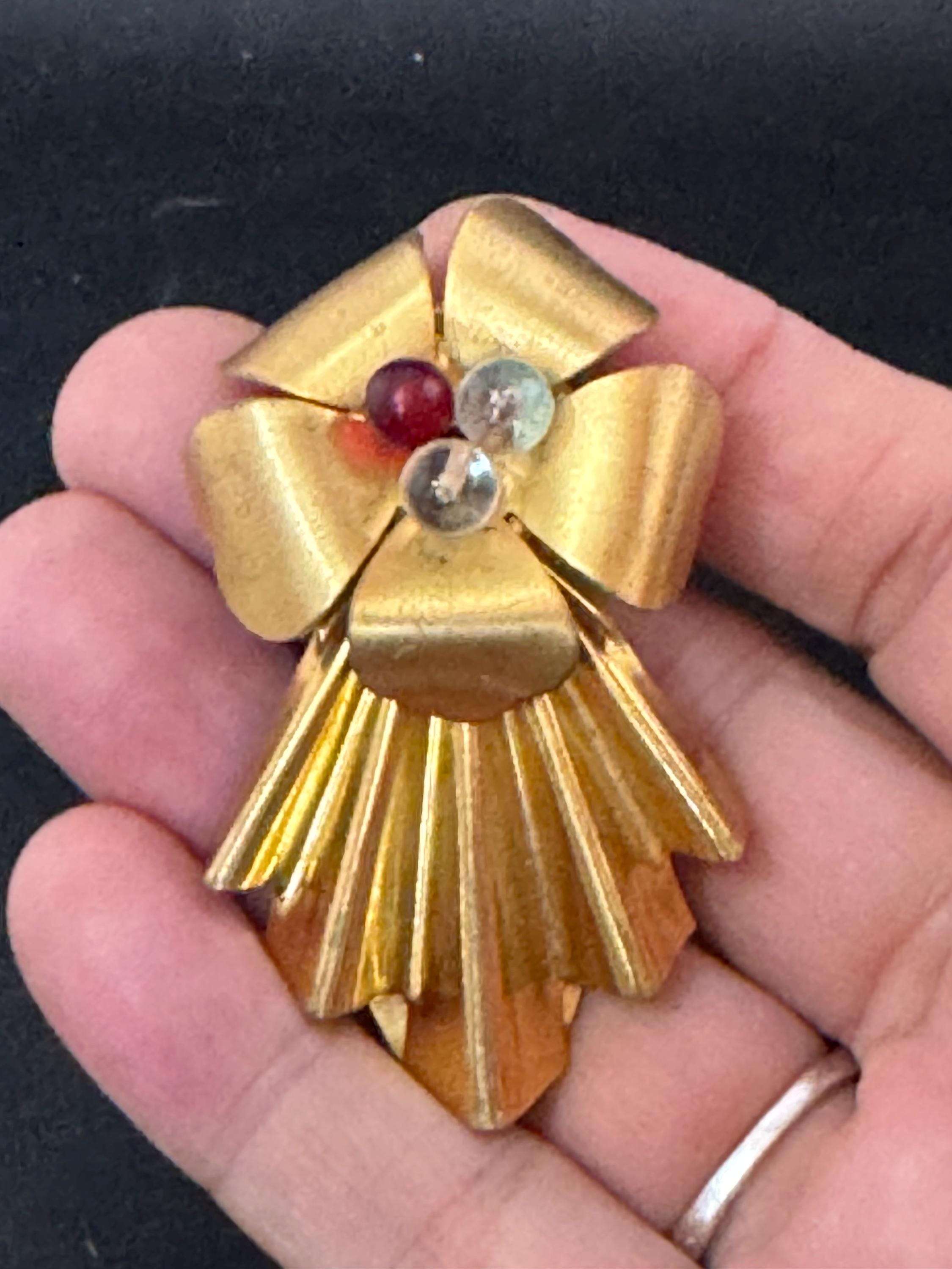 Antique large Art Deco brass fur Pin Clip Early 1930s 1940s with 3 cabochons