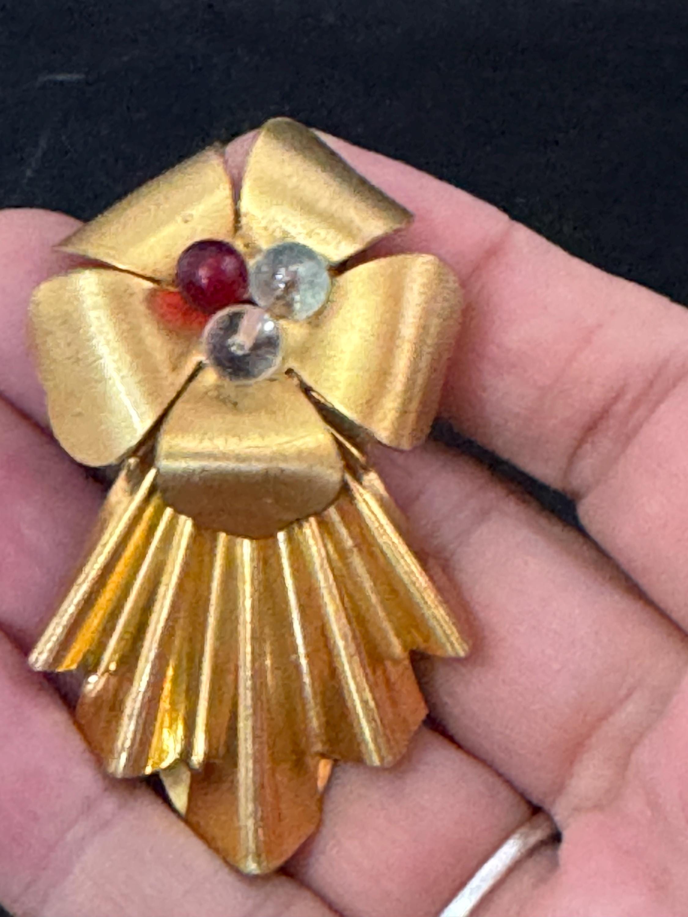 Antique large Art Deco brass fur Pin Clip Early 1930s 1940s with 3 cabochons