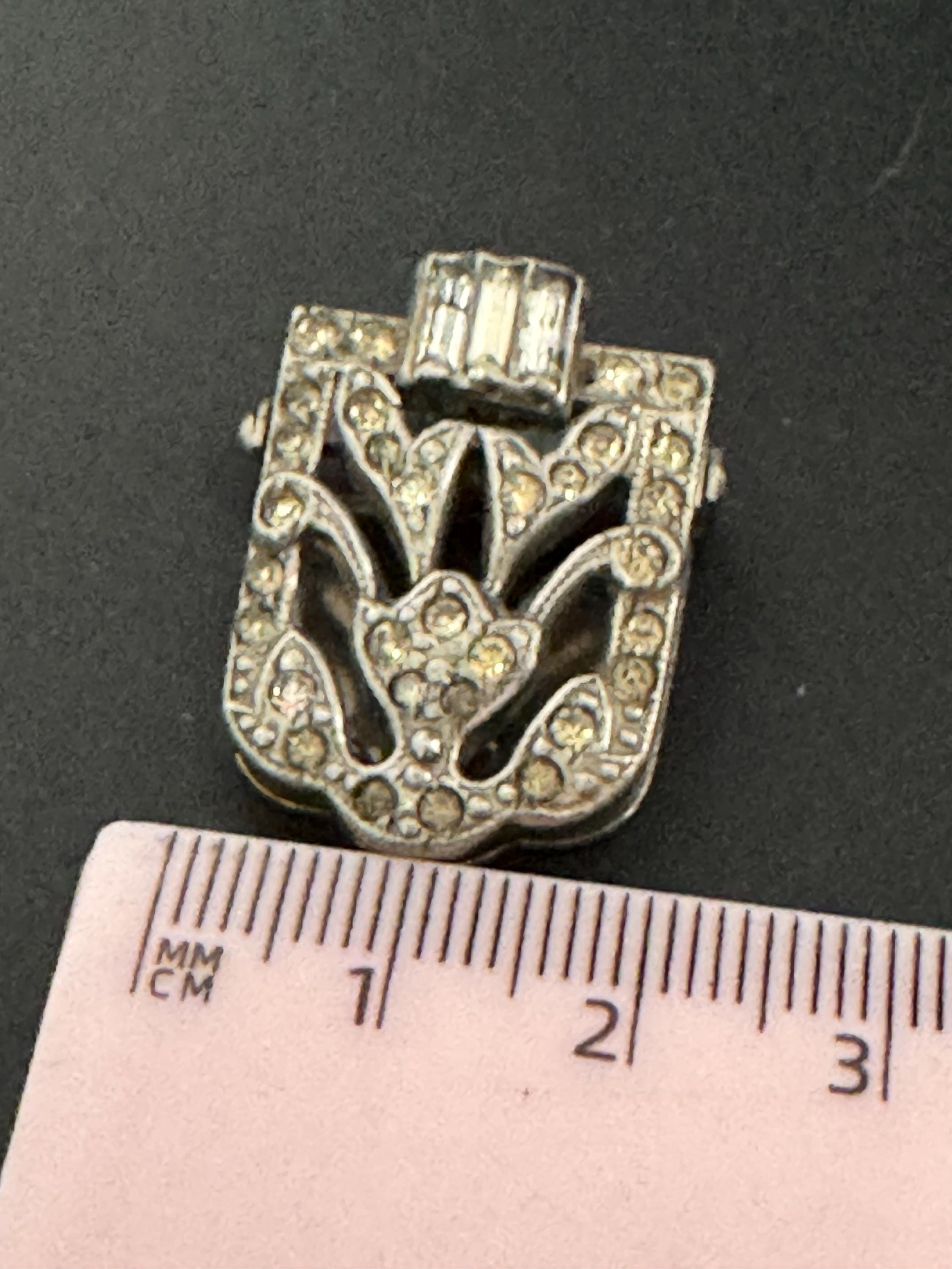 Art Deco Rhinestone Dress Clip: Antique Paste Glass, Chrome, Silver Tone