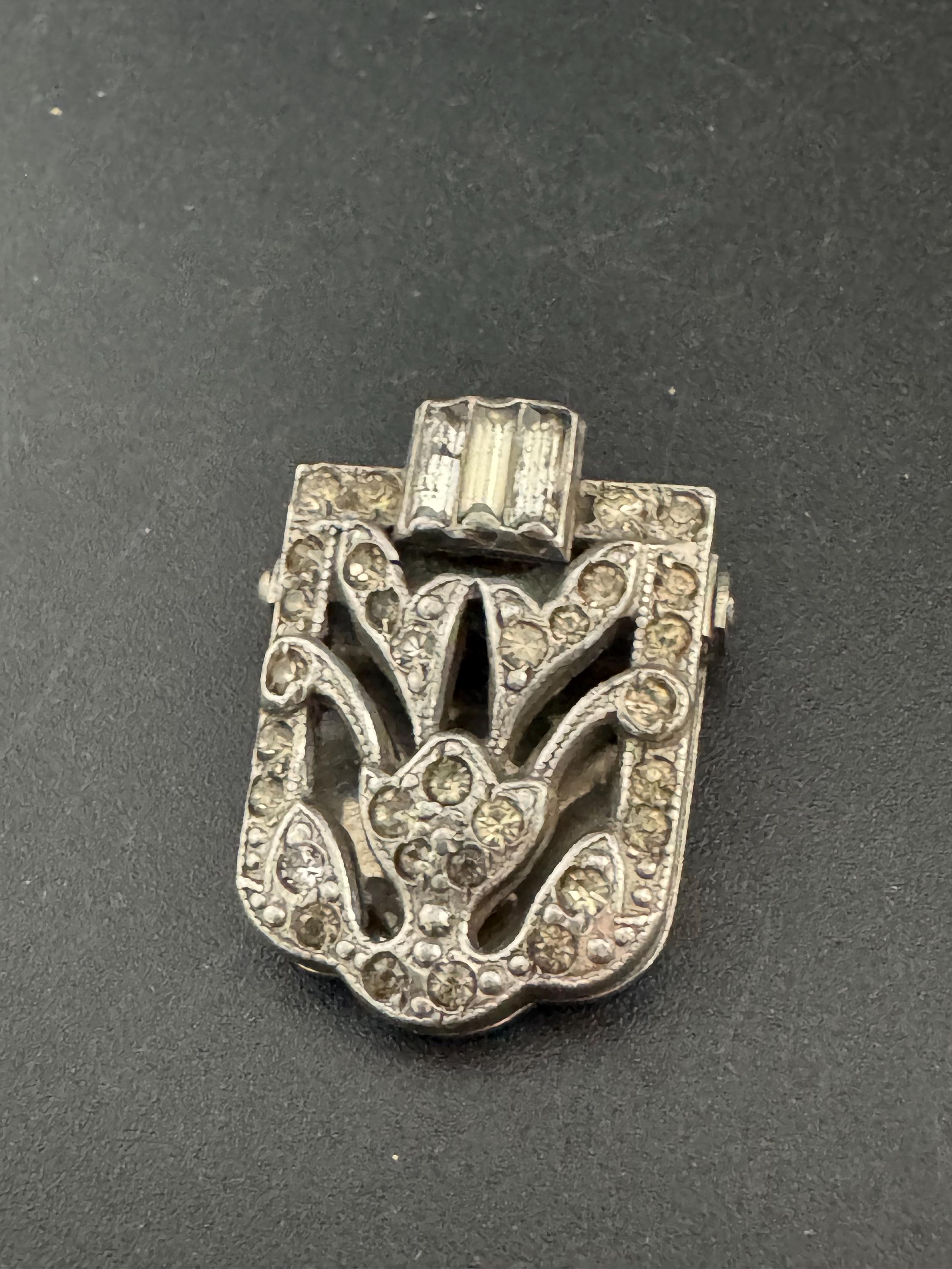 Art Deco Rhinestone Dress Clip: Antique Paste Glass, Chrome, Silver Tone