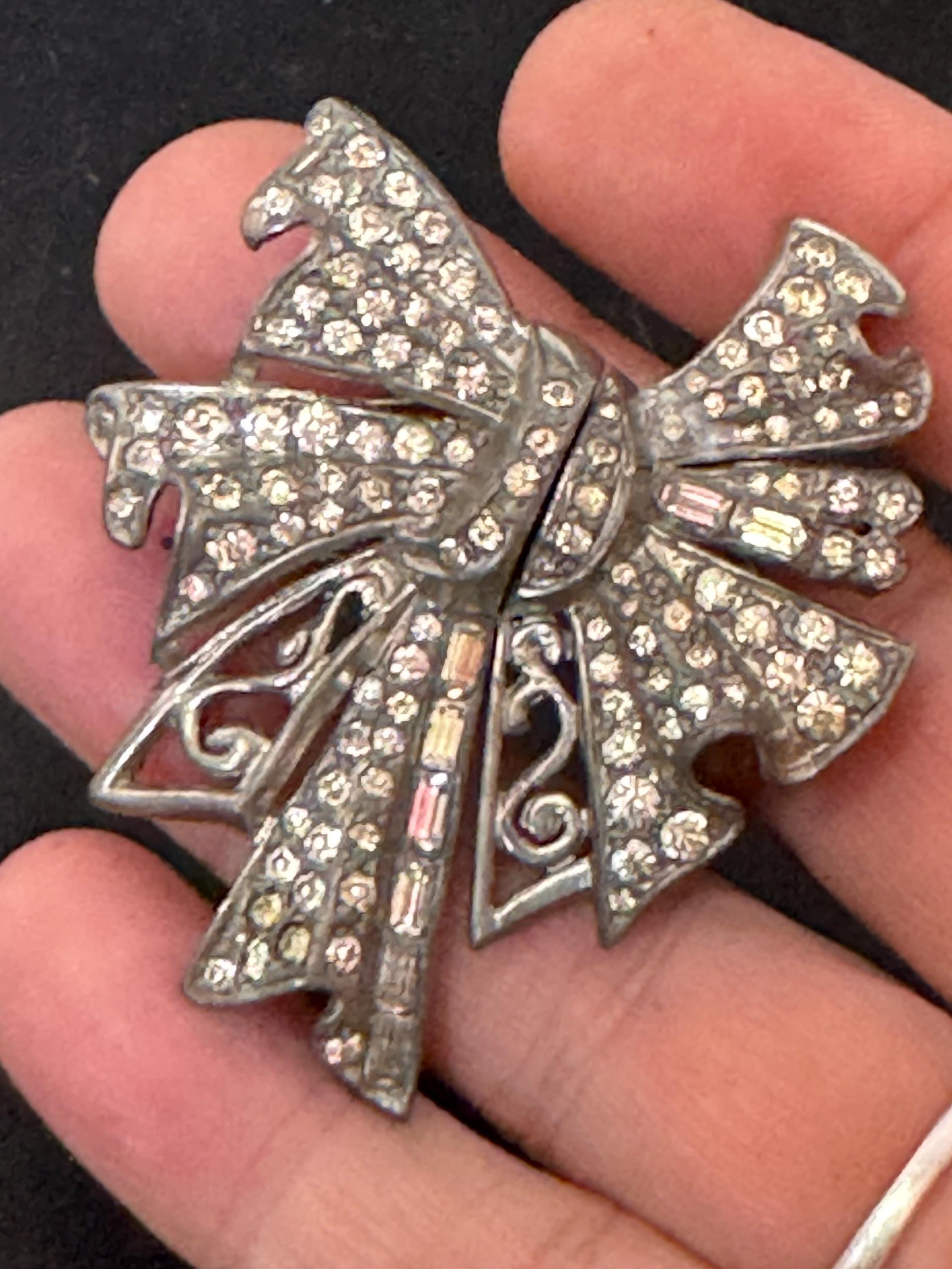 Art Deco Marcasite Duette Brooch Clips: Silver Chrome Dress Fur Clips