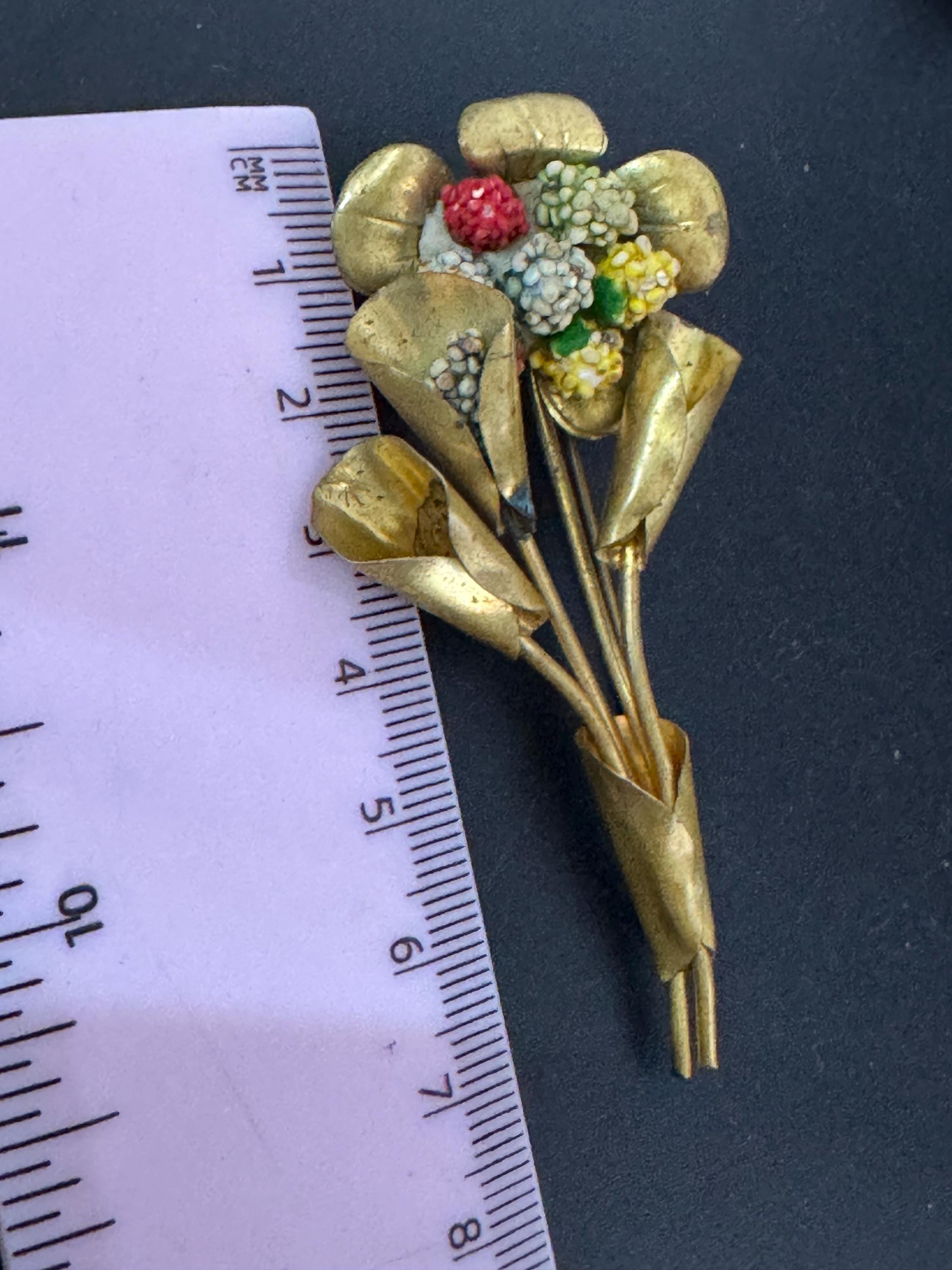 Antique Brass Floral Brooch: Micro Beaded Flower Heads, 1930s Czech Style