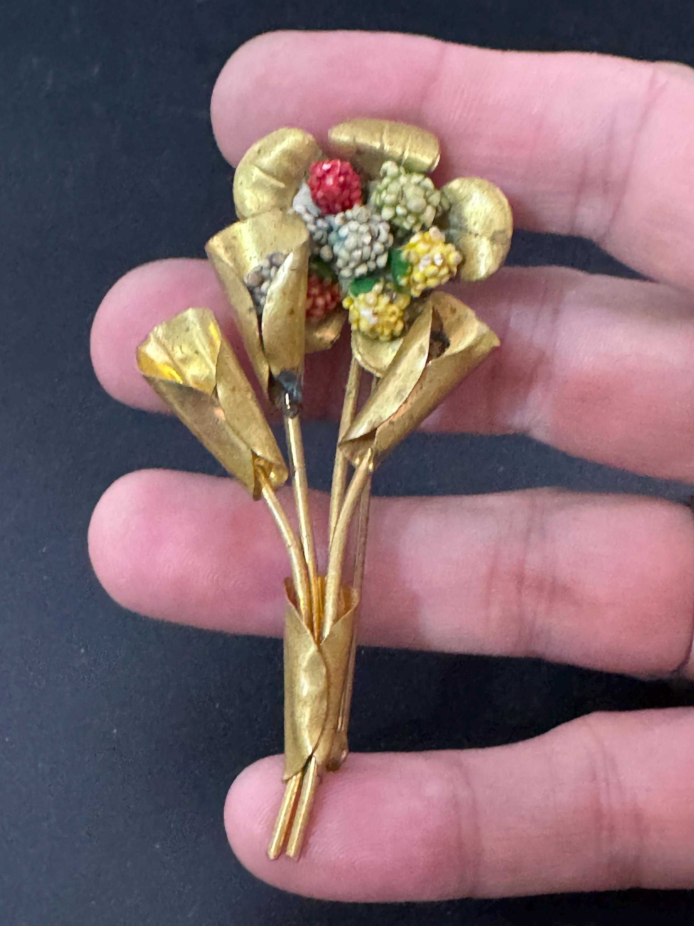 Antique Brass Floral Brooch: Micro Beaded Flower Heads, 1930s Czech Style