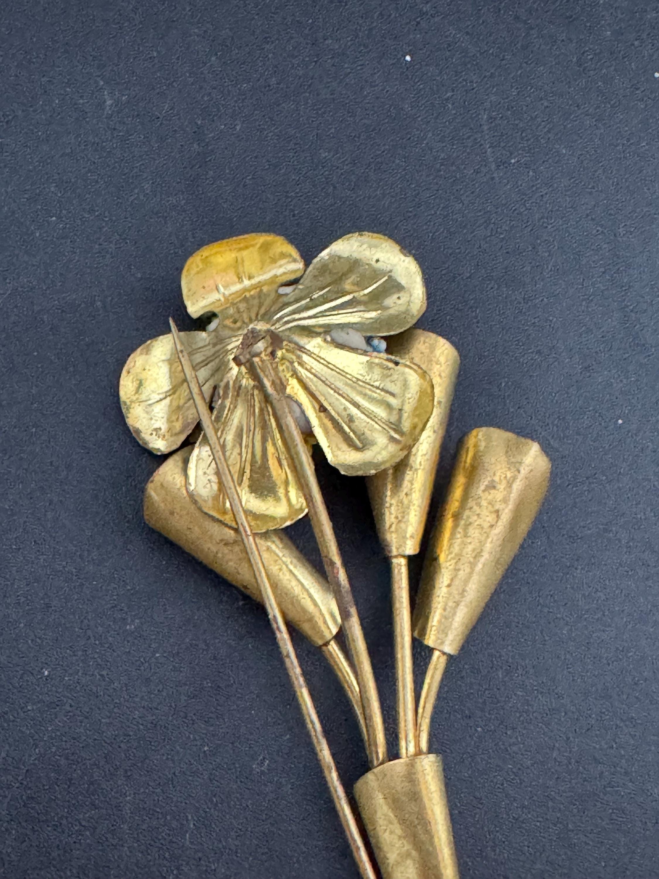 Antique Brass Floral Brooch: Micro Beaded Flower Heads, 1930s Czech Style