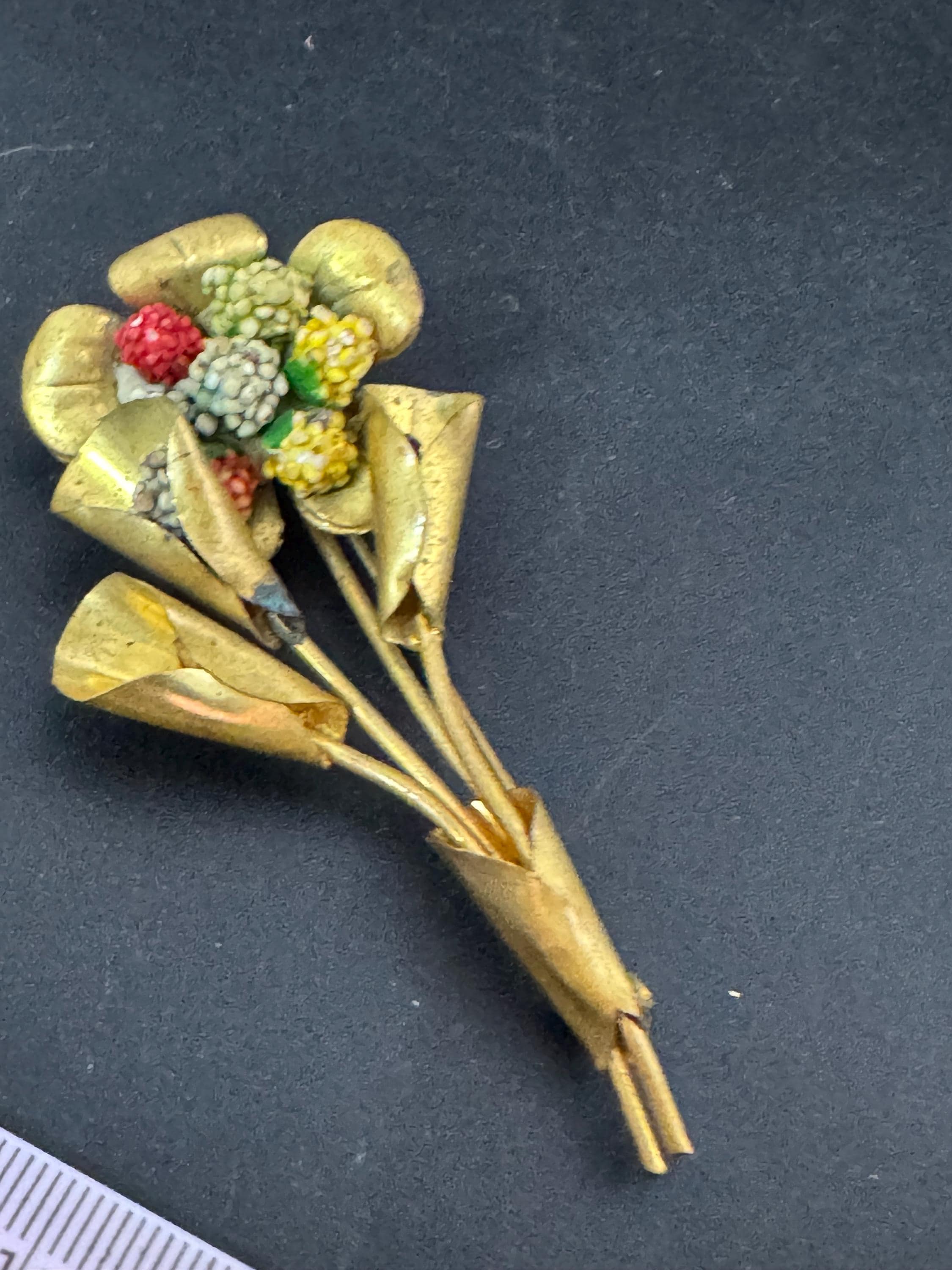 Antique Brass Floral Brooch: Micro Beaded Flower Heads, 1930s Czech Style