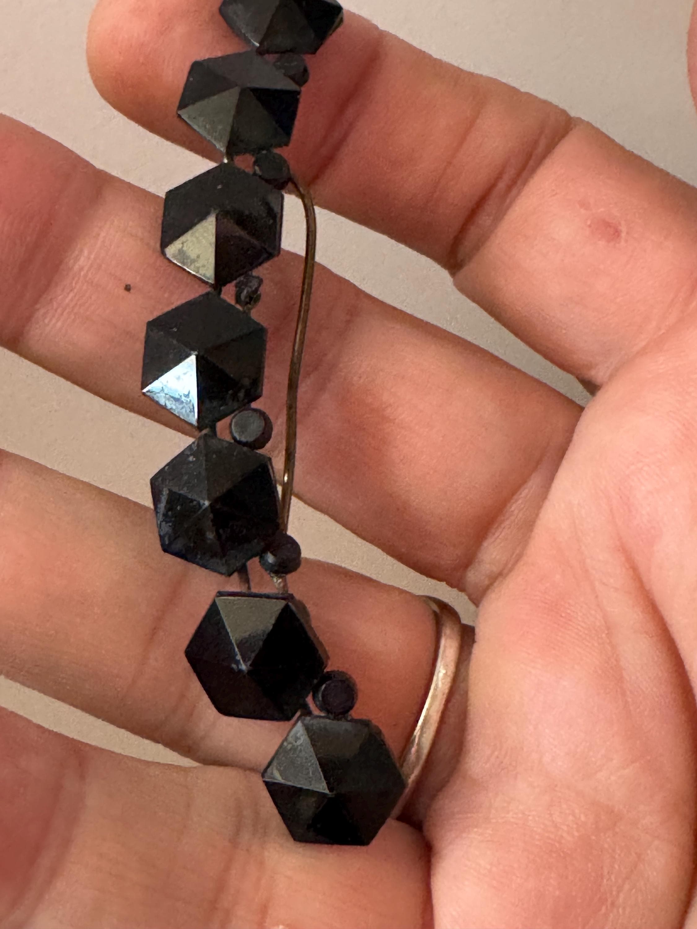 As found Antique 1900s Victorian black Vauxhall glass gexagonal bar brooch
