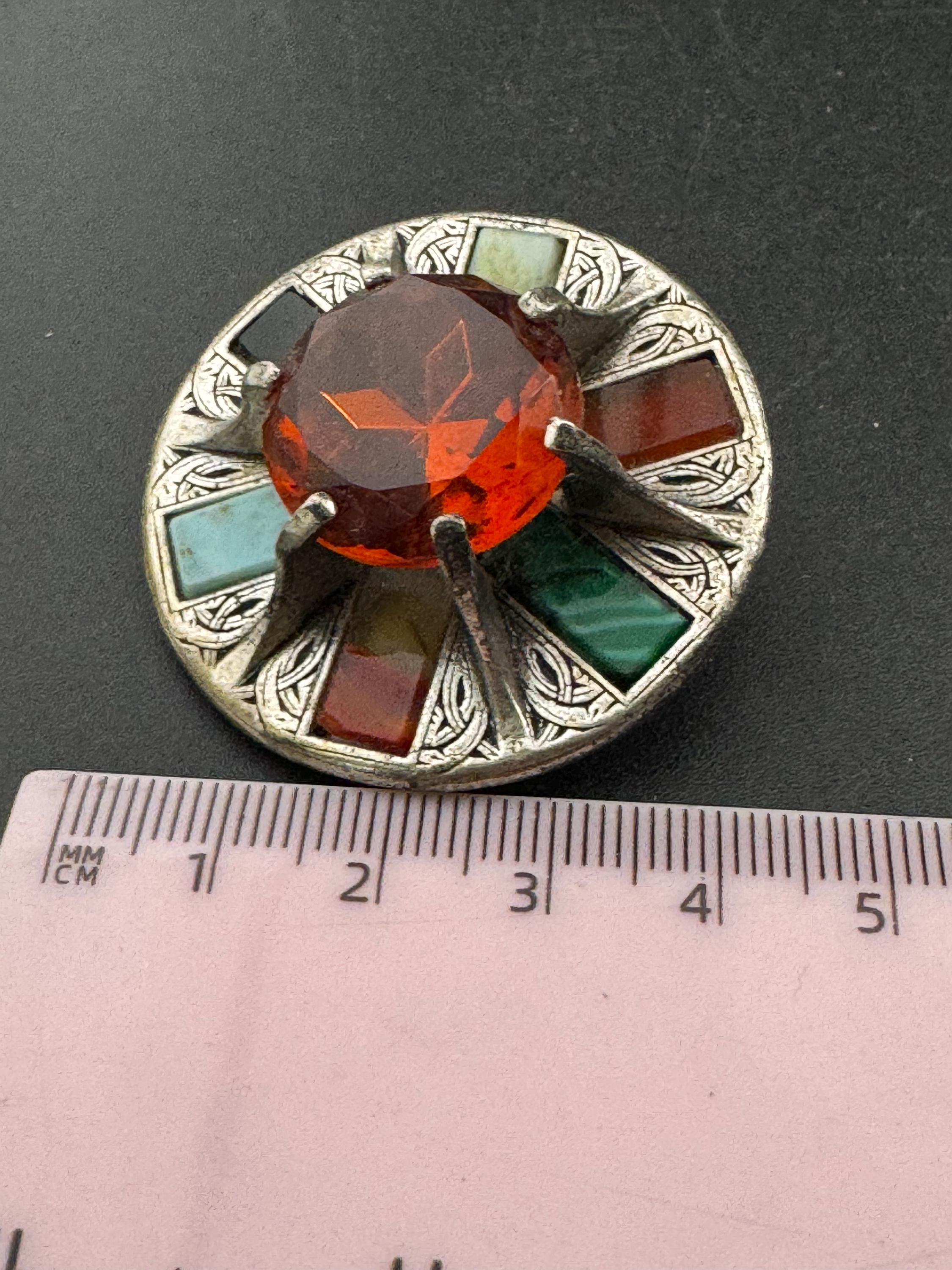 Signed Miracle large Vintage silver tone Scottish agate faux citrine glass brooch