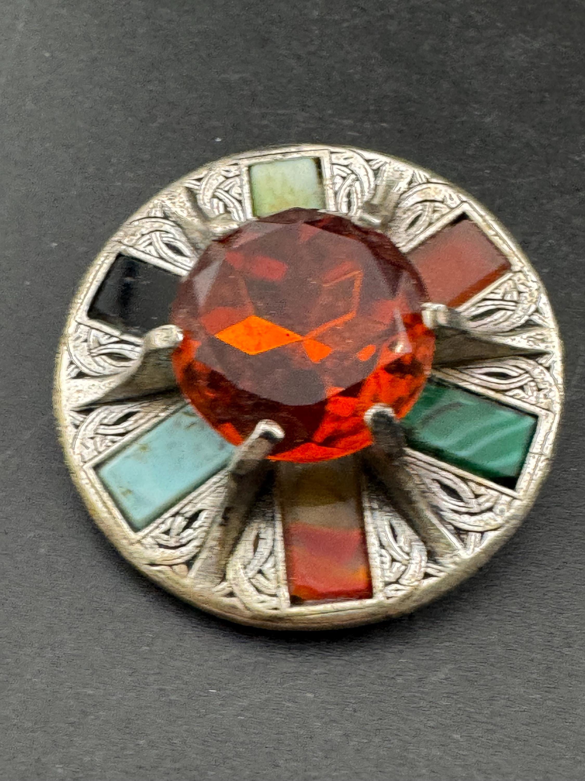 Signed Miracle large Vintage silver tone Scottish agate faux citrine glass brooch
