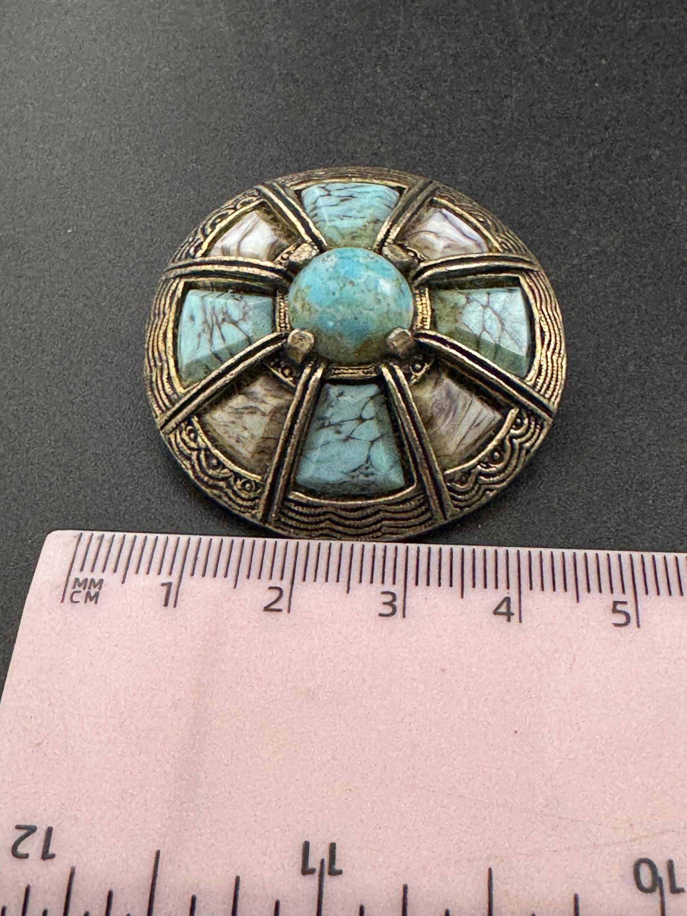 Signed Miracle Vintage silver tone turquoise blue tones Scottish agate pebble glass brooch