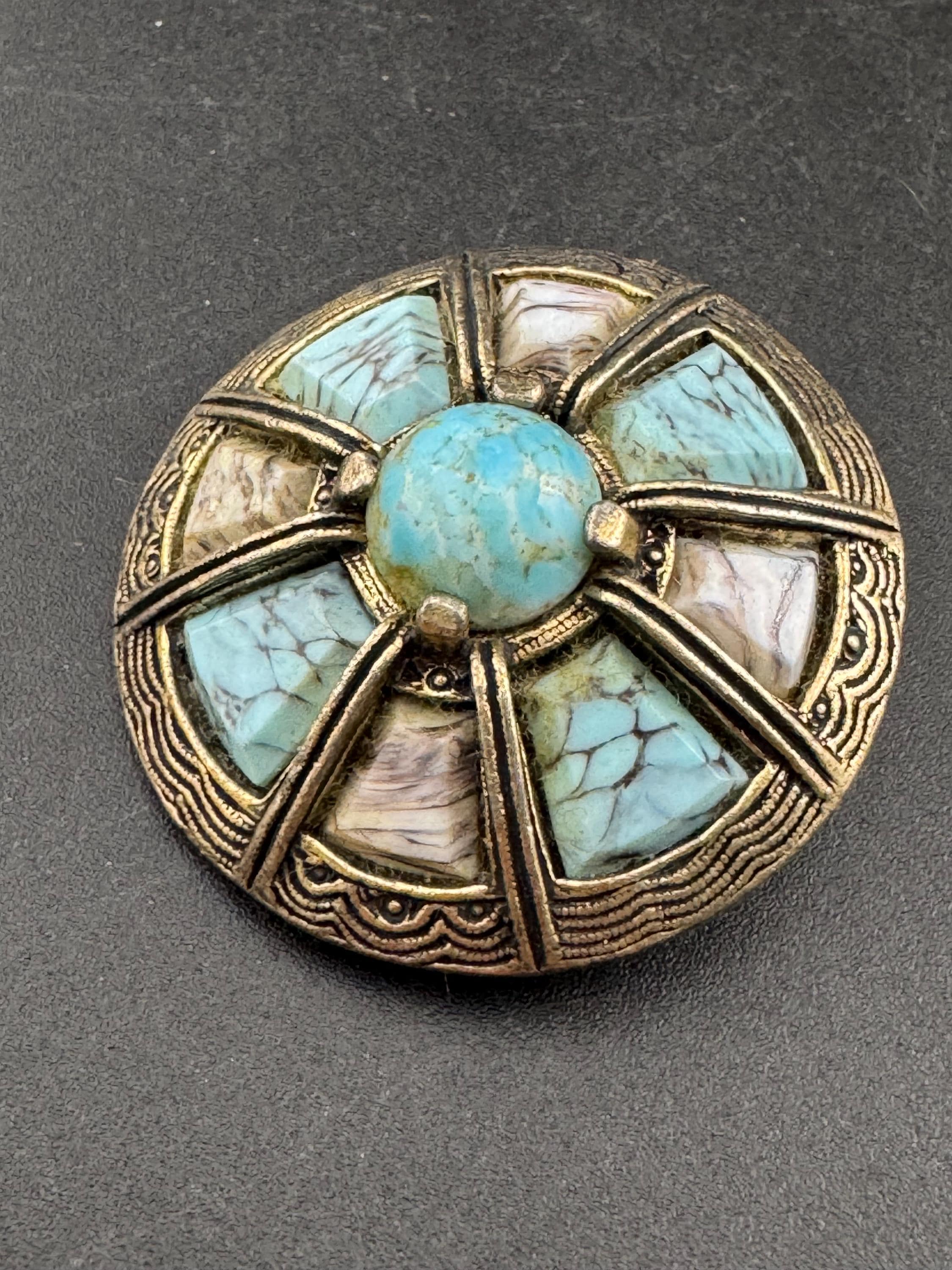 Signed Miracle Vintage silver tone turquoise blue tones Scottish agate pebble glass brooch