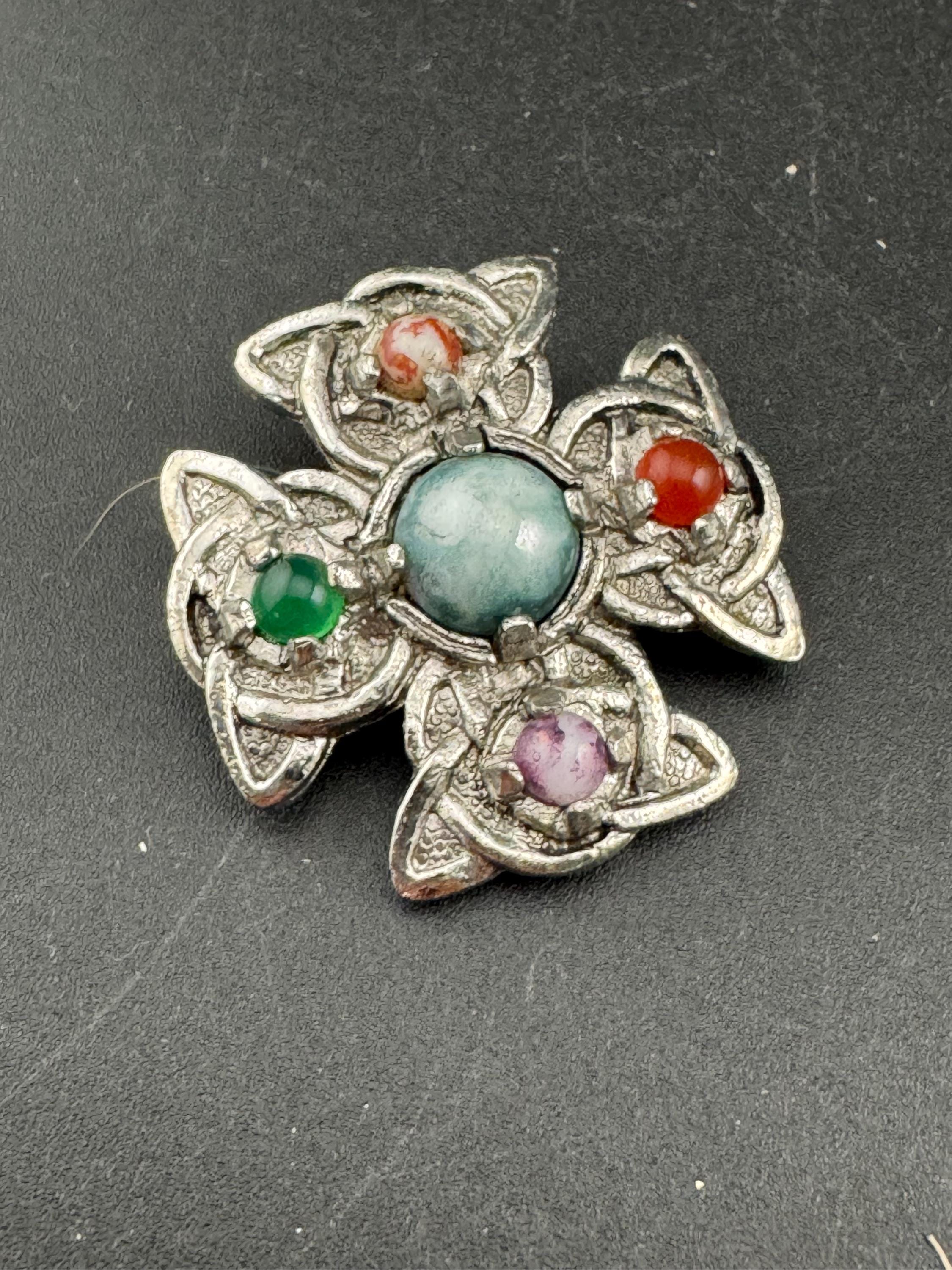 Vintage silver tone Scottish faux agate pebble glass Celtic cross brooch
