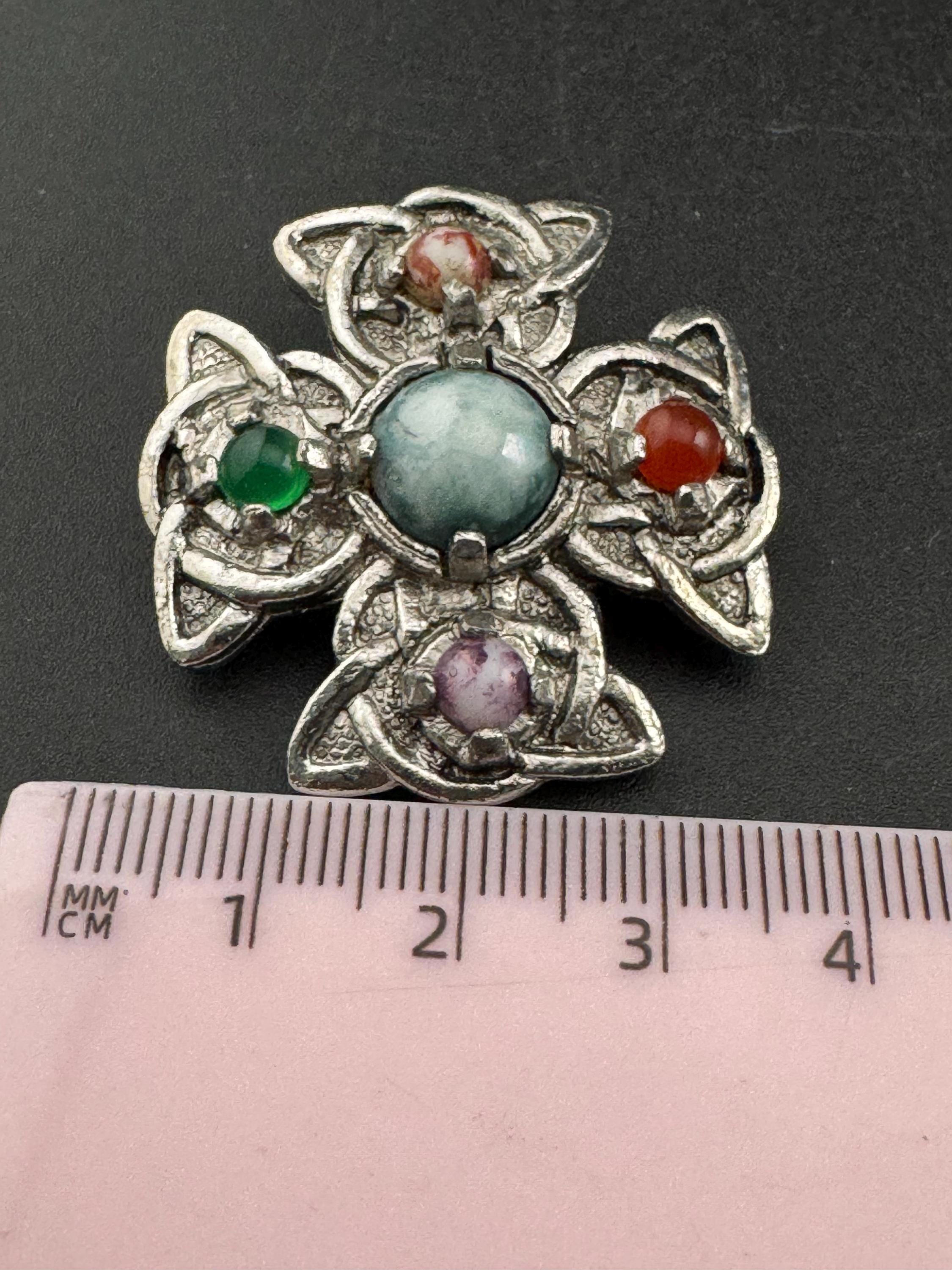 Vintage silver tone Scottish faux agate pebble glass Celtic cross brooch
