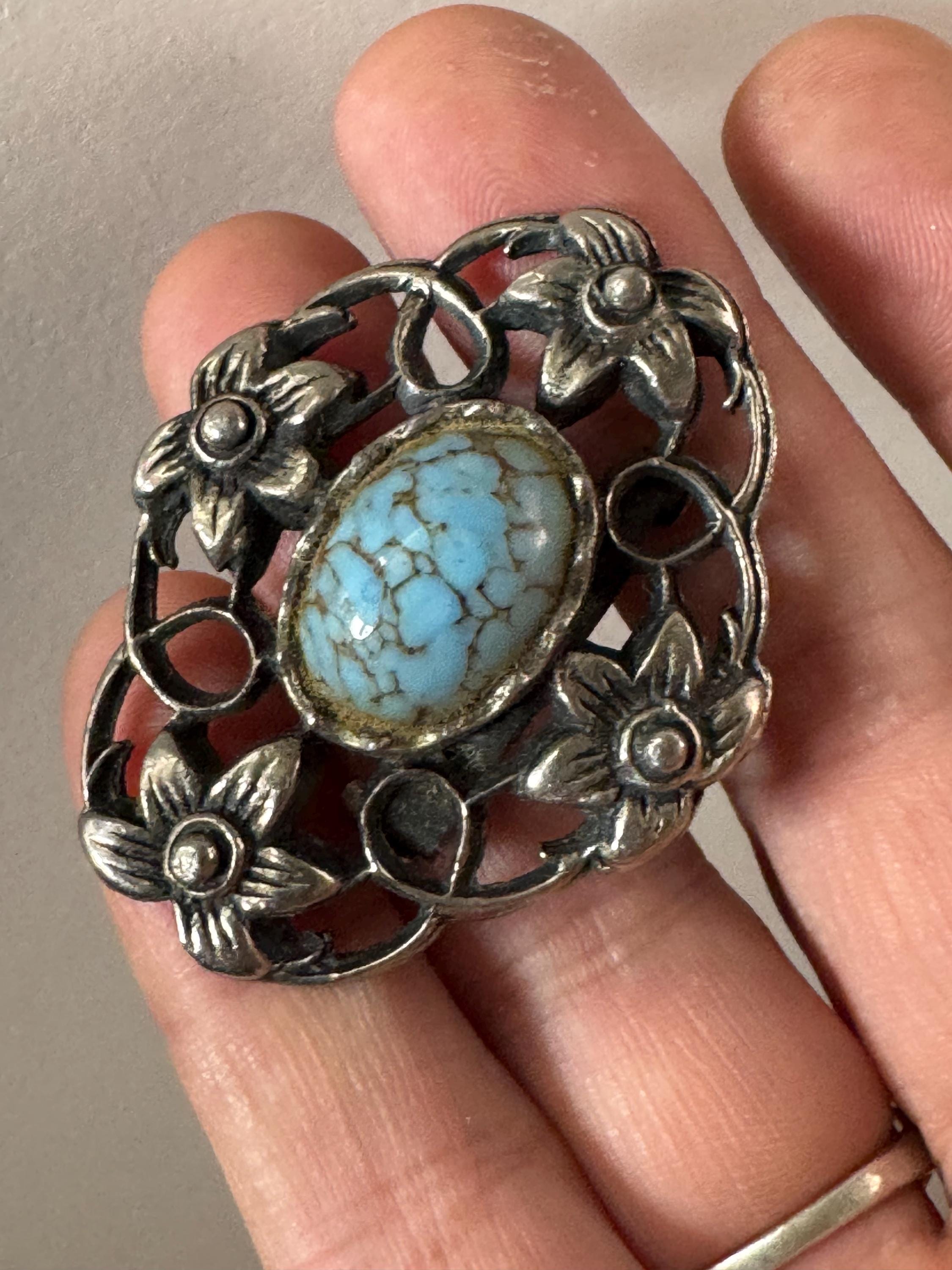 vintage silver tone ornate Scottish style brooch set with turquoise cabochon