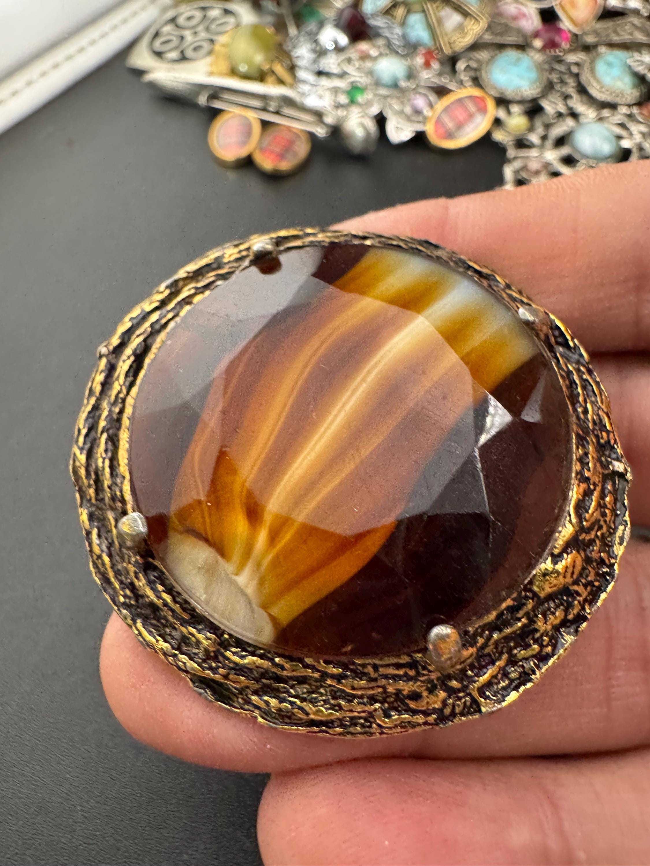 Vintage Oversized Celtic Brooch: Faux Agate Givre Glass, 1960s