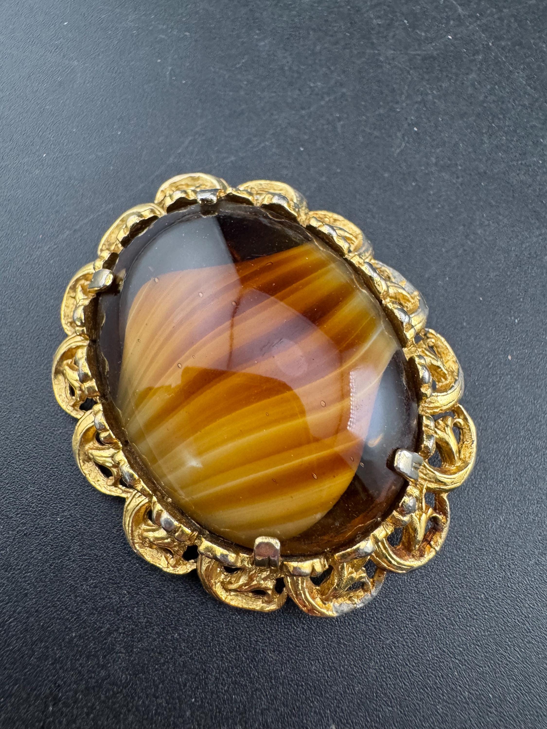 Vintage Oversized Celtic Brooch: Faux Agate Givre Glass, 1960s
