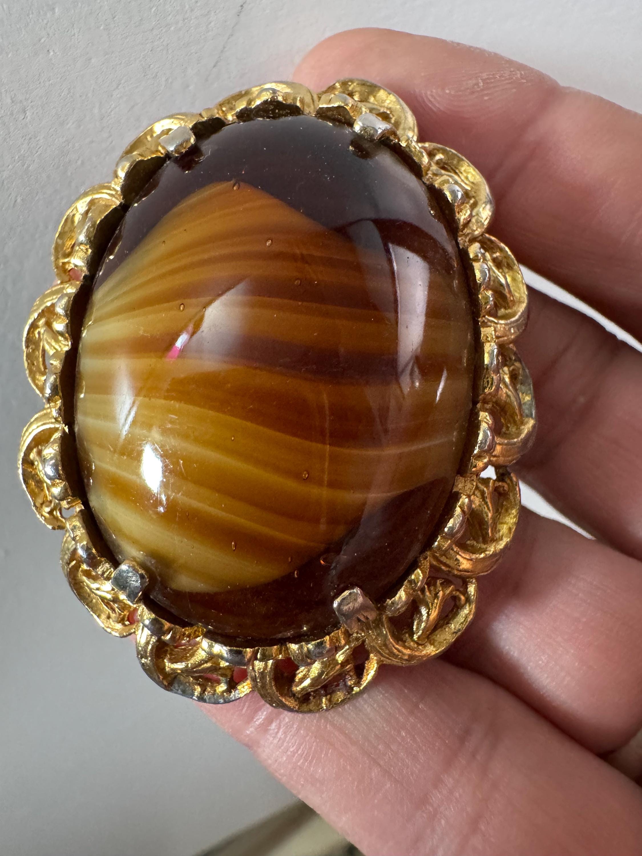 Vintage Oversized Celtic Brooch: Faux Agate Givre Glass, 1960s