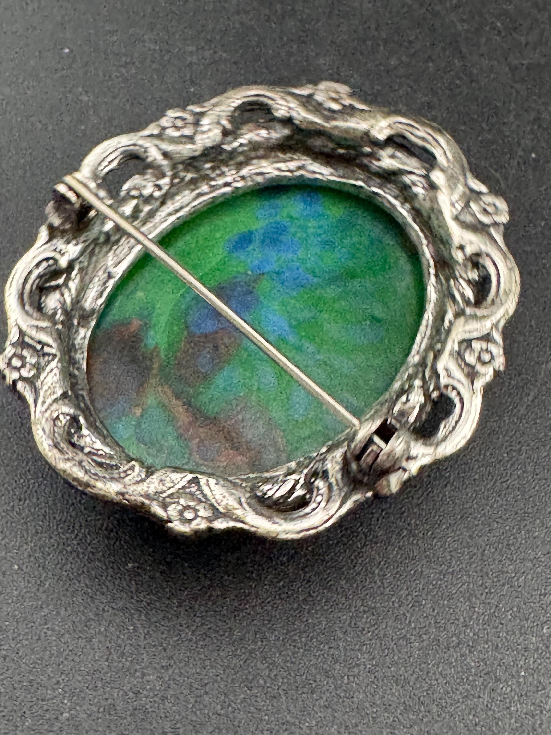 Vintage Oversized Celtic Brooch: Faux Agate Glass, Silver Tone