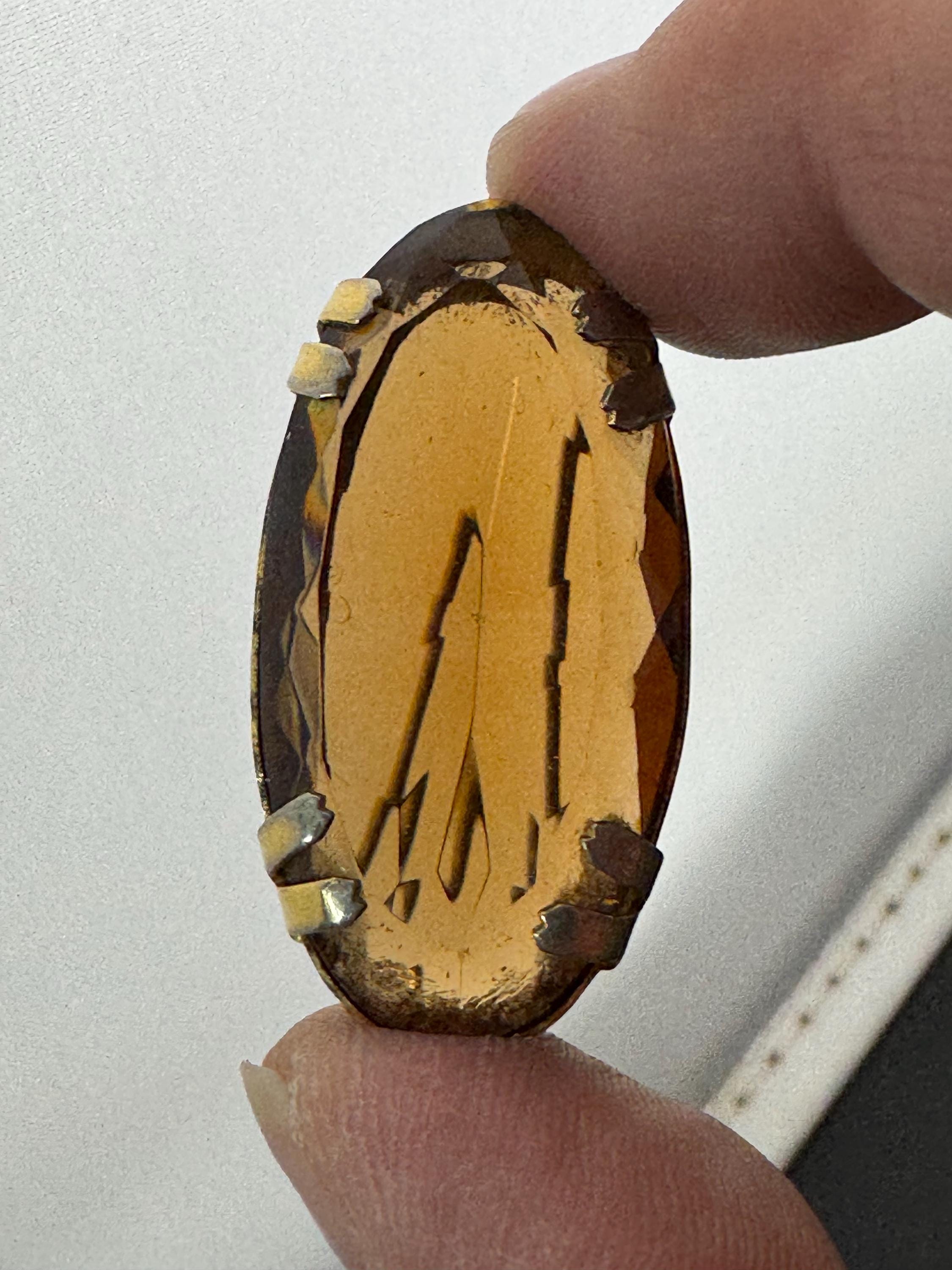 Gold tone oval cognac glass brooch large brown cabochon vintage 4cm