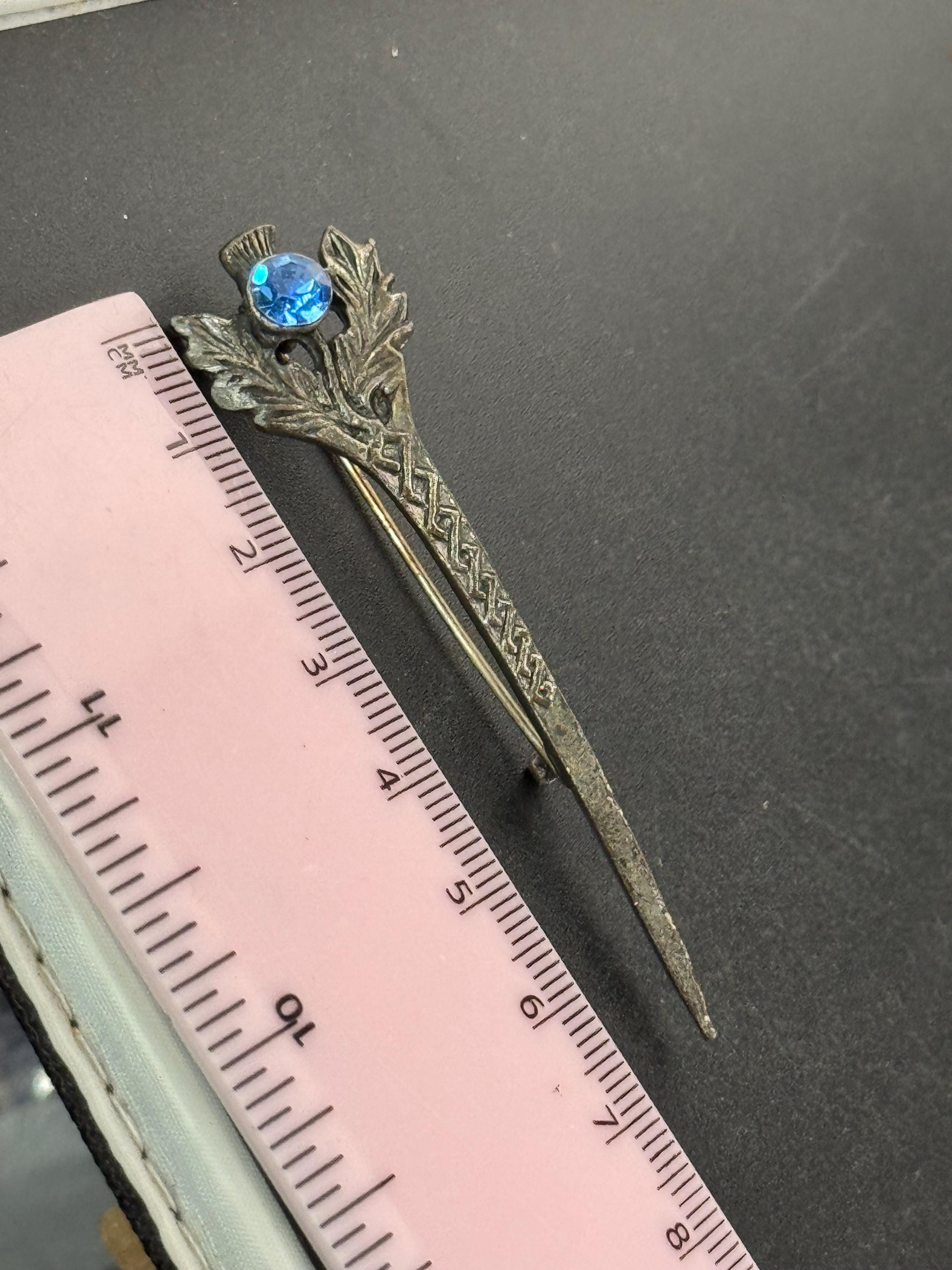 Vintage Silver Tone Scottish Dirk Kilt Pin: Celtic Faux Sapphire Brooch