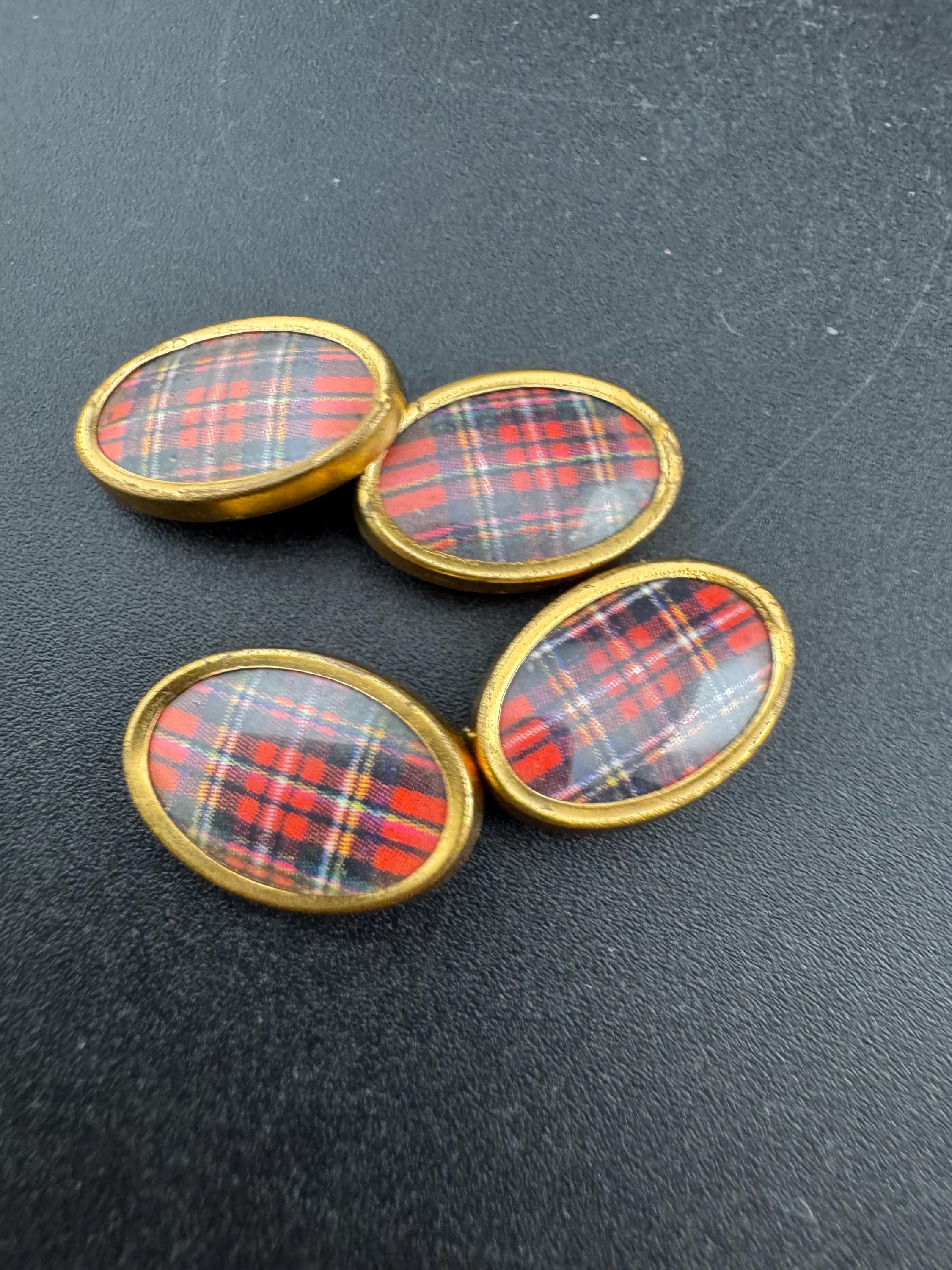 Vintage Scotland red tartan gold tone chain enamel cufflinks Scottish