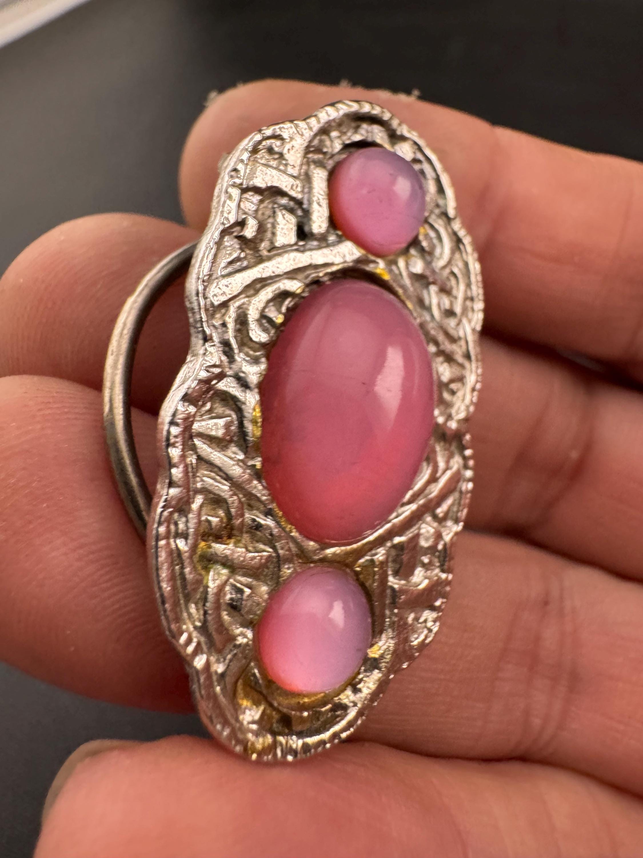 Scottish, Celtic style Scarf Ring Clip silver Tone set with pink cabochons