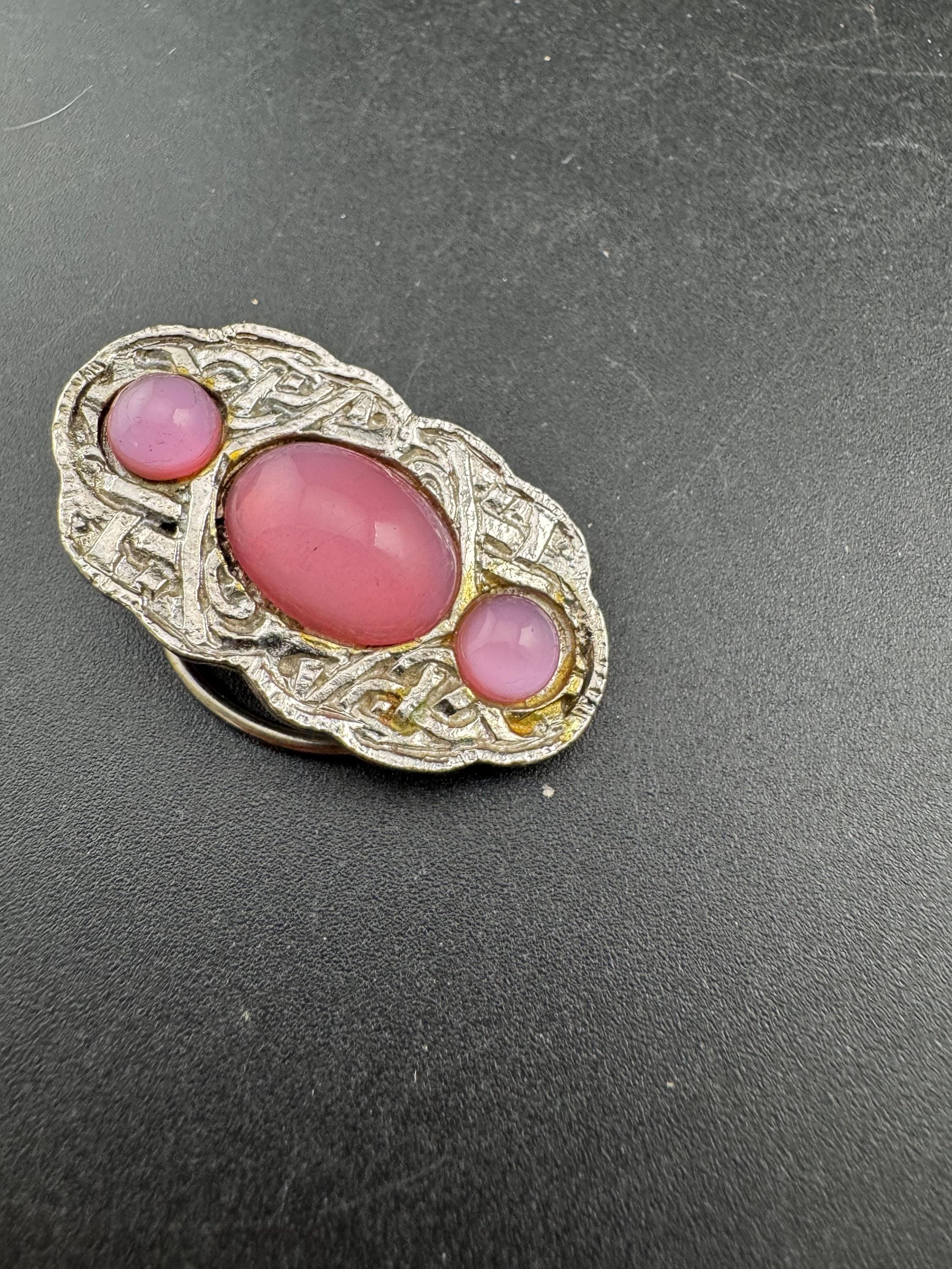 Scottish, Celtic style Scarf Ring Clip silver Tone set with pink cabochons