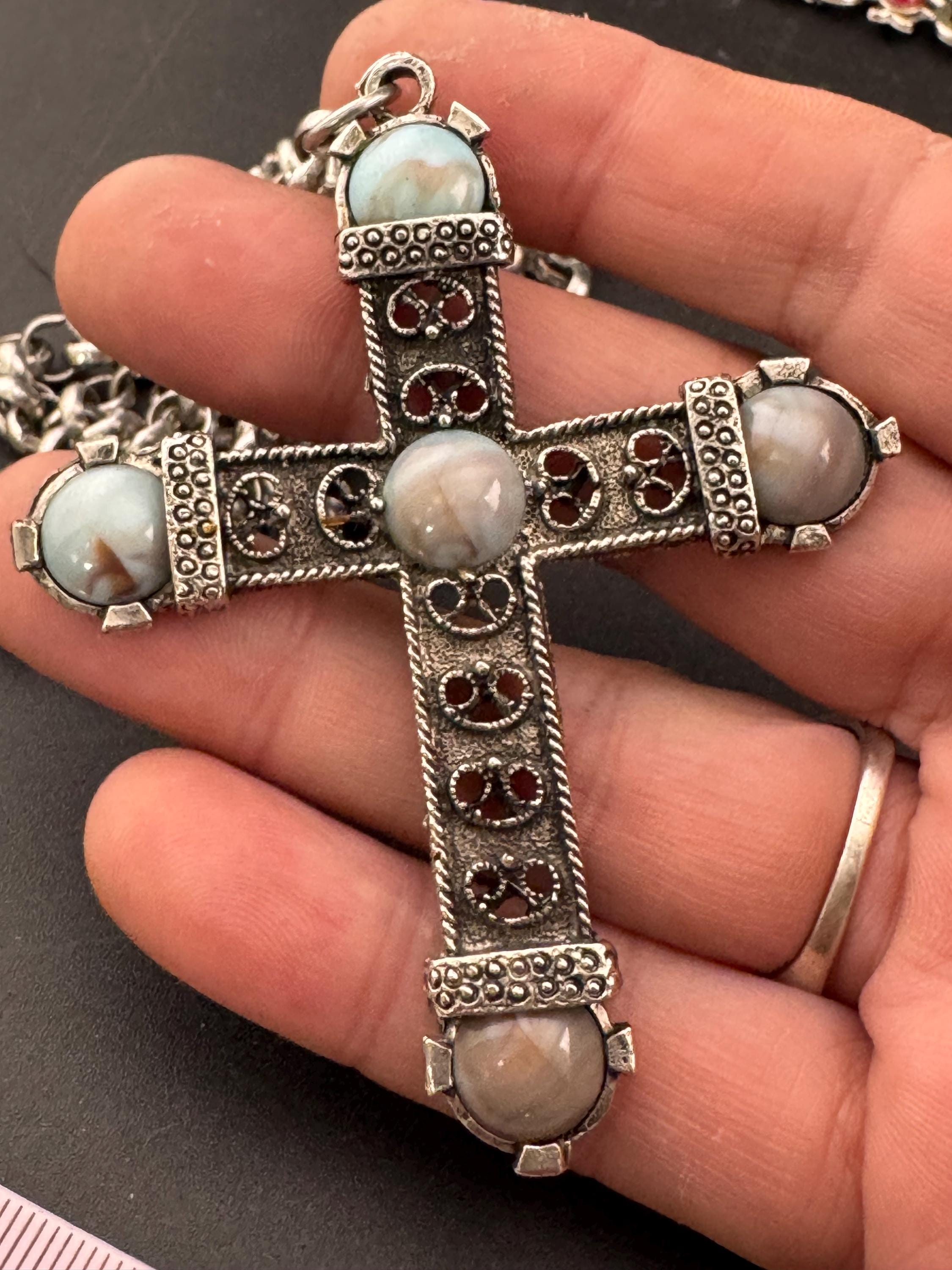 Vintage Dorene Celtic Cross Pendant: Marbled Faux Gemstone, Silver Tone