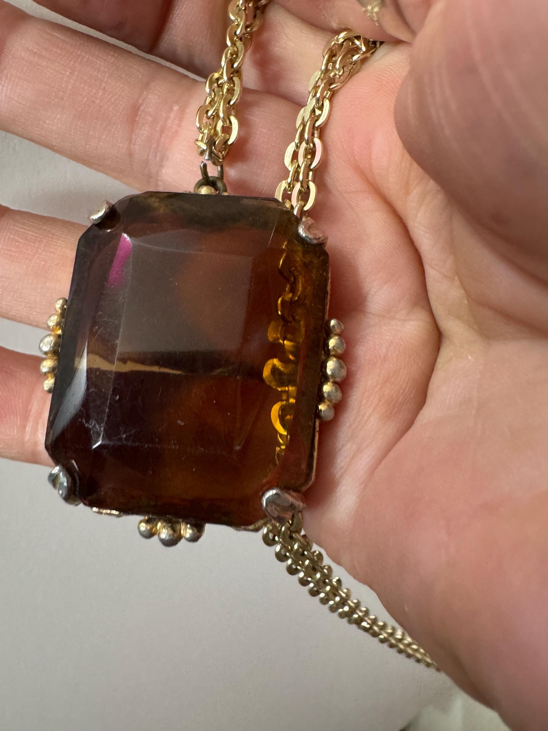 Vintage gold tone brown cognac glass rectangular long 5cm pendant necklace 75cm