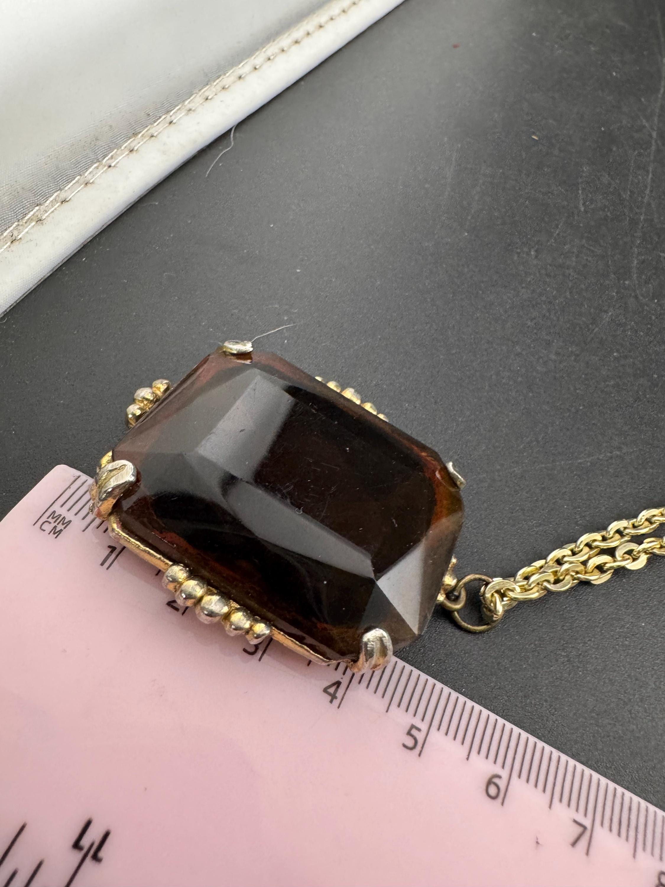 Vintage gold tone brown cognac glass rectangular long 5cm pendant necklace 75cm