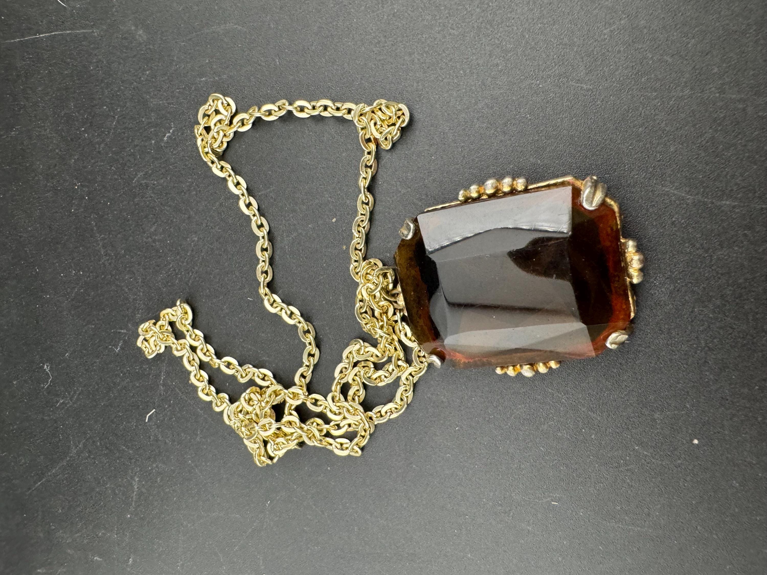 Vintage gold tone brown cognac glass rectangular long 5cm pendant necklace 75cm